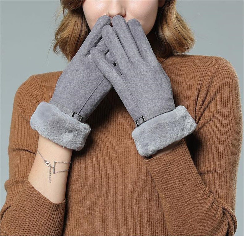 warme Damen-Mode-Handschuhe, Plüsch-Wildleder-Handschuhe Rouemi Lederhandschuhe Schwarz