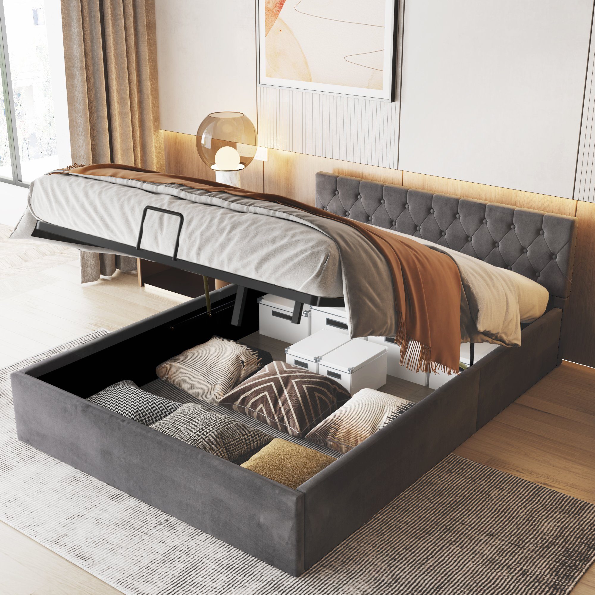 SOFTWEARY Polsterbett (Doppelbett mit Lattenrost und Bettkasten, 140x200  cm), gepolsterter Kopfteil, Bezug aus Samt