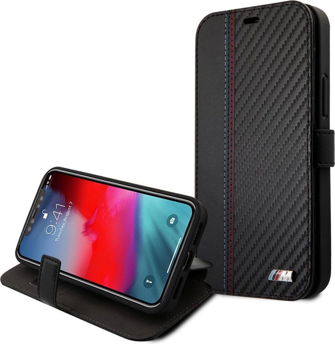 BMW Etui Book Case für iPhone 12 Mini - Effen Schwarz - Kunstleder, Mit Standfunktion