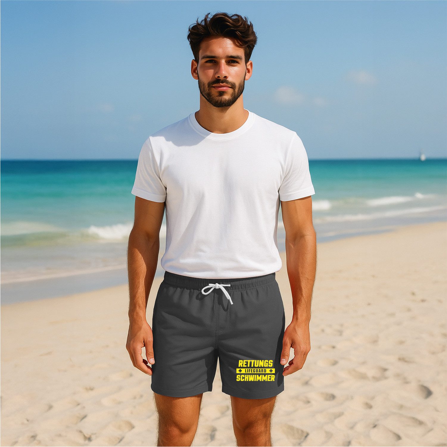 deinshirt Badehose Schwimmshorts Lifeguard Rettungsschwimmer Integrierter Netz-Slip, aufgesetzte Gesäßtasche mit Klettverschluss