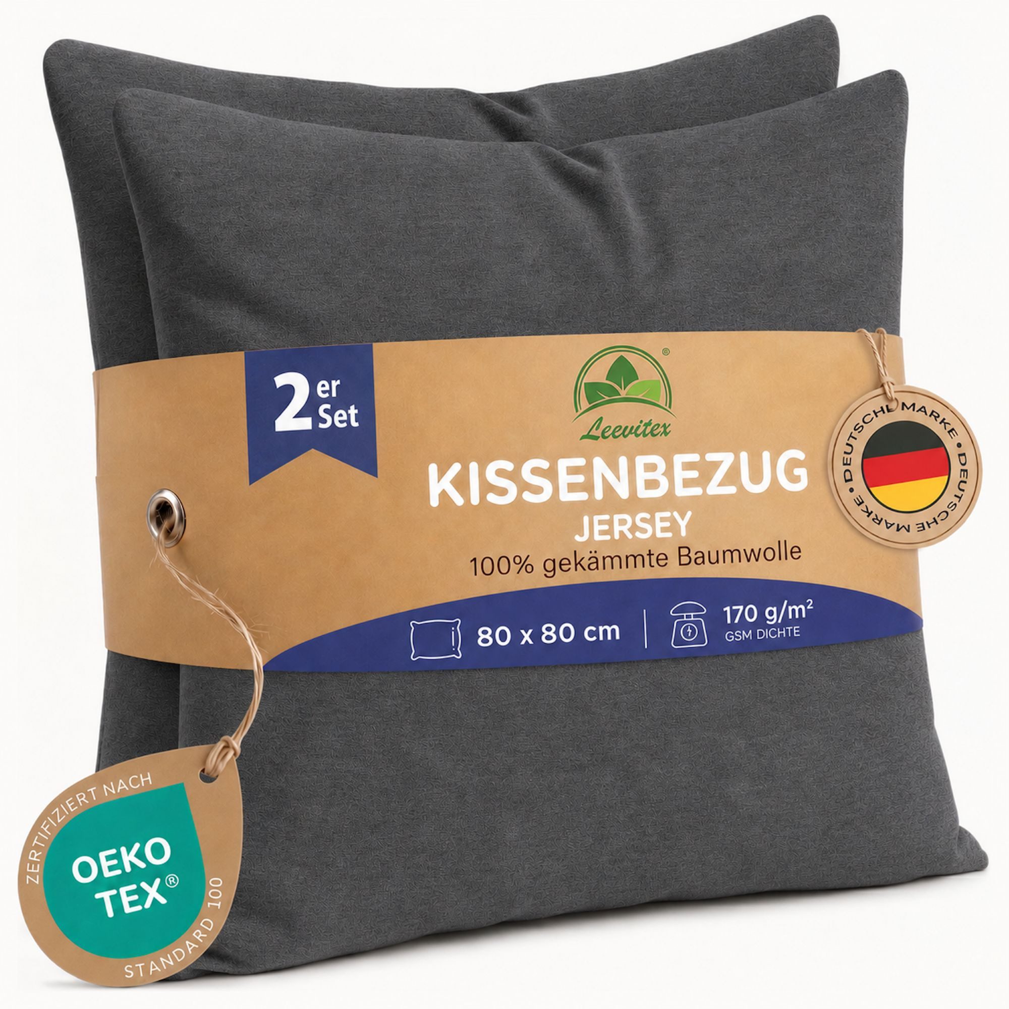leevitex® Kissenbezüge Kissenbezug 80 x 80 cm, 2er Set, Anthrazit/Grau, (2 Stück), feine Jersey-Qualität, 100% Baumwolle, robuster Reißverschluss
