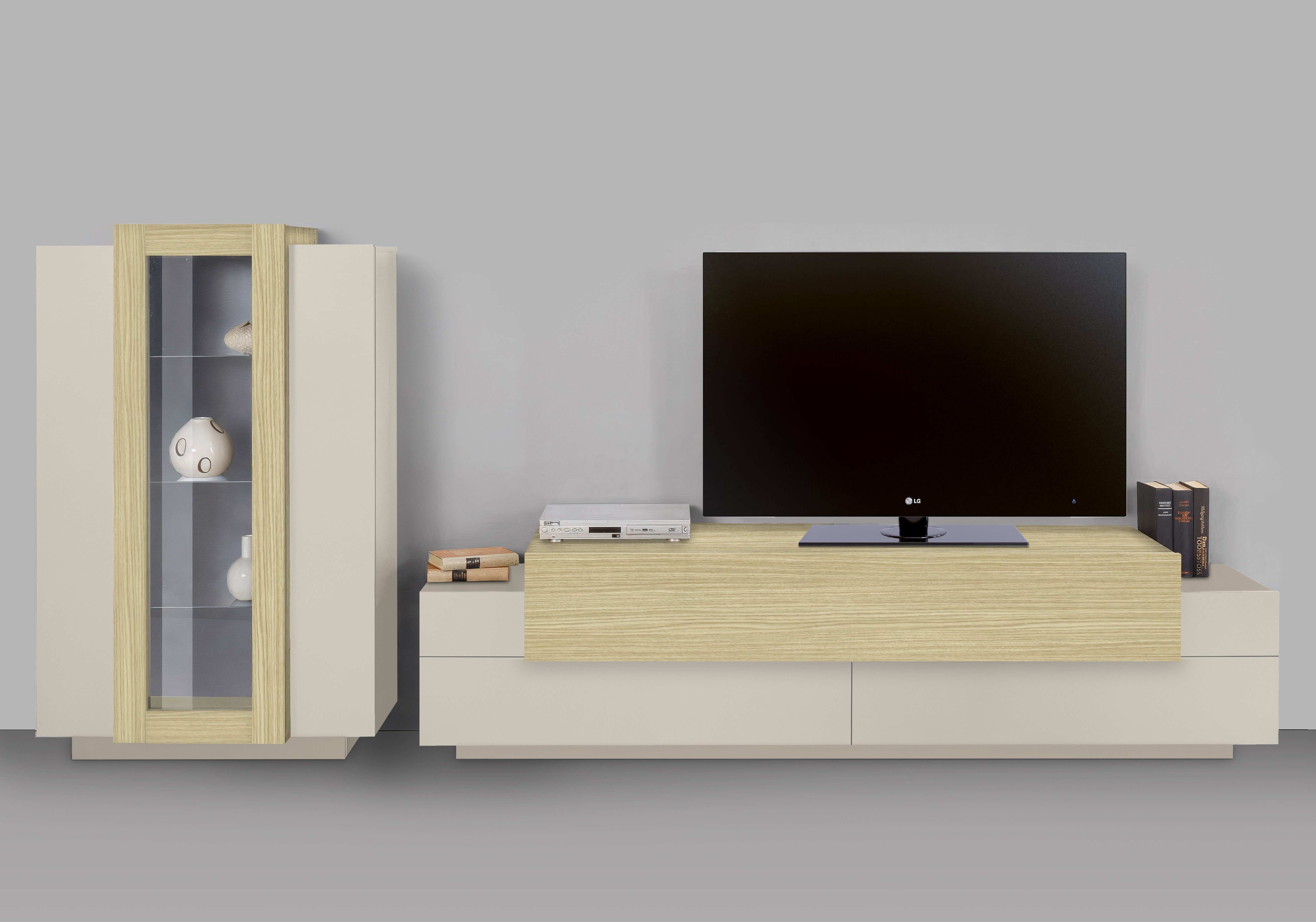 Home affaire Wohnwand Coro, Anbauwand, Medienwand, (Set, 2-St), Lowboard 4 Fächern Breite 200 cm und Vitrine 3 Türen Breite 80 cm
