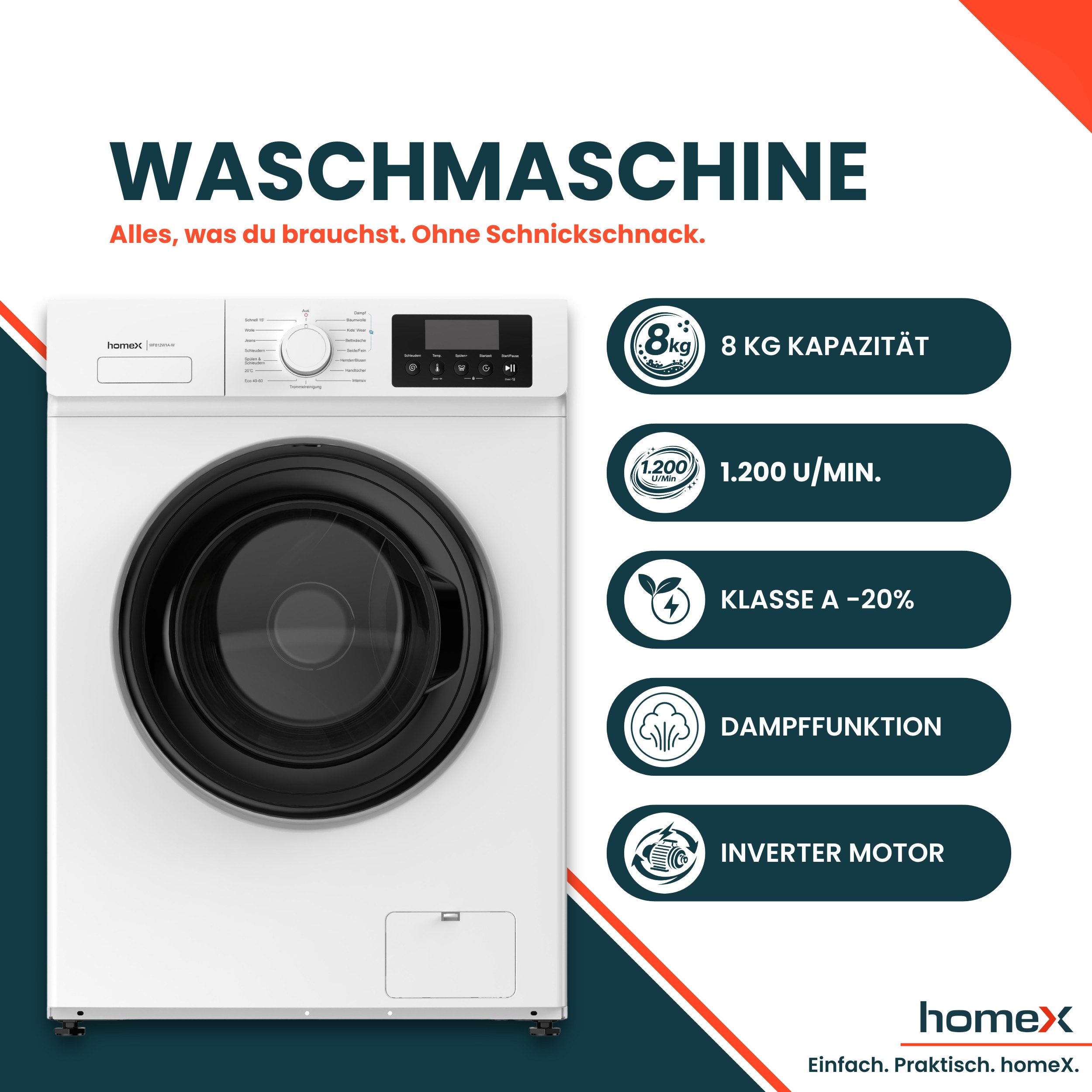 homeX Waschmaschine WF812W1A-W, 8 kg, 1200 U/min, Frontlader 8kg, 1.200 U/Min, Dampffunktion, Inverter Motor, EEK A -20%