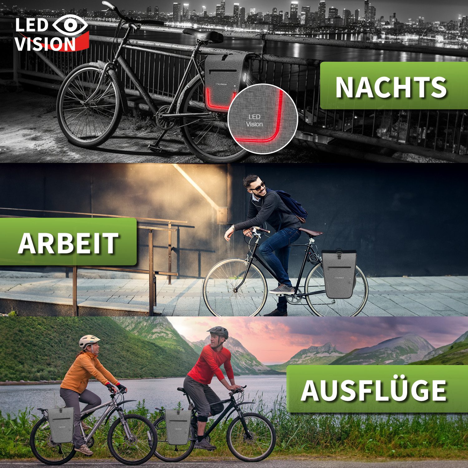 ELONEO Fahrradtasche Gepäckträgertasche, Satteltasche mit Reflektorstreifen, wasserdicht mit LED