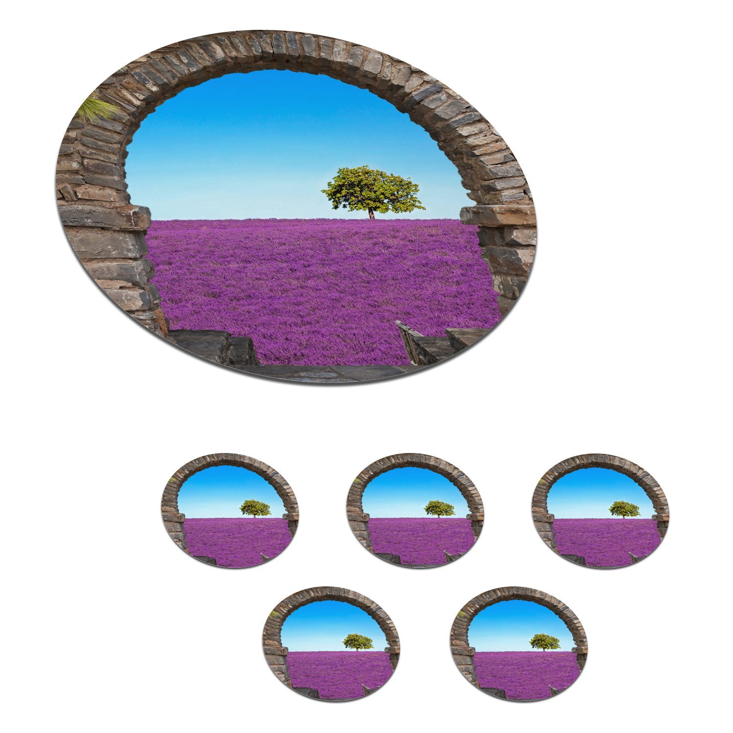 MuchoWow Glasuntersetzer Blumen - Lavendel - Baum - Ansicht, Zubehör für Gläser, 6-tlg., Getränkeuntersetzer, Tassenuntersetzer, Korkuntersetzer, Tasse, Becher