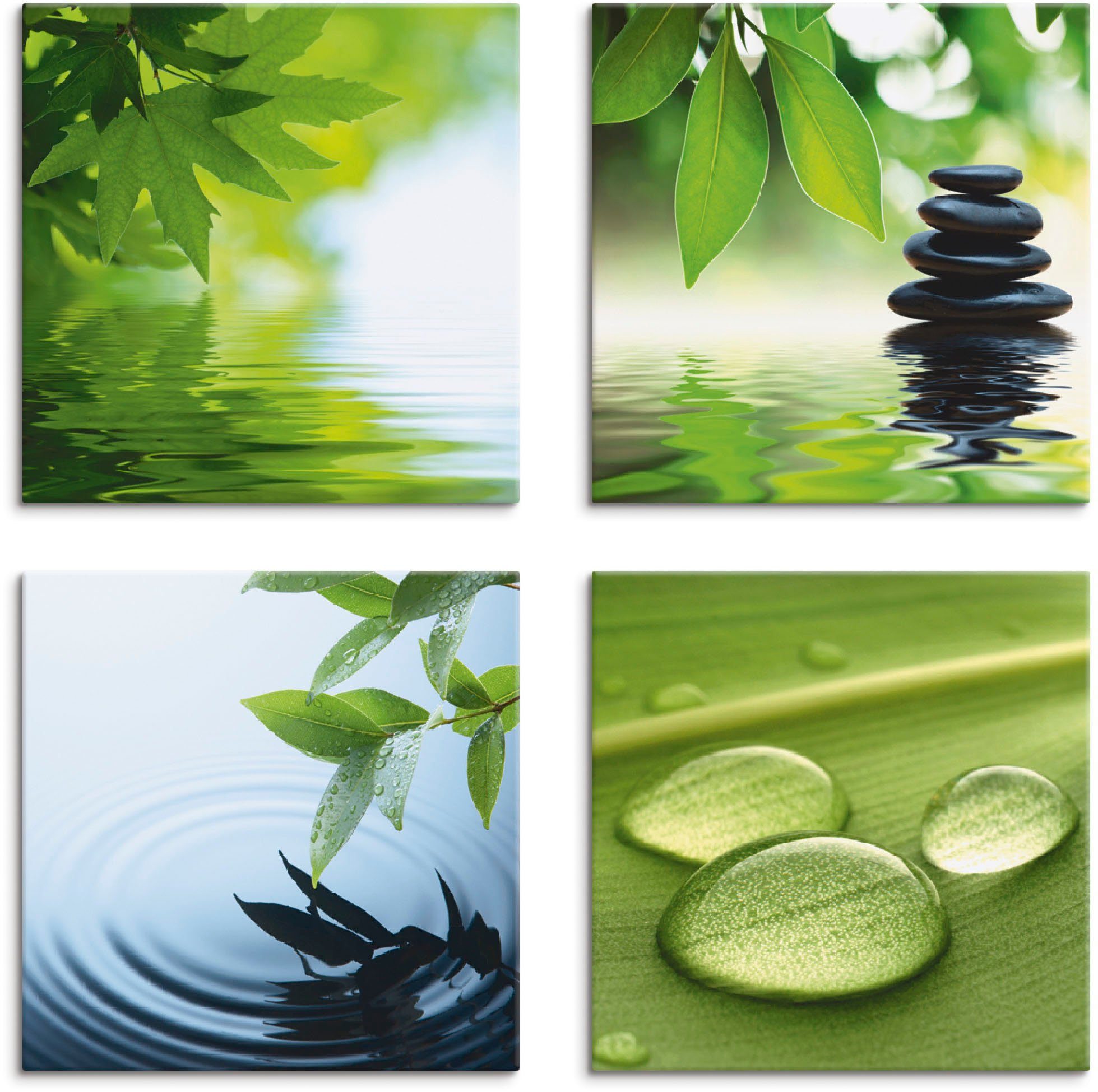 Artland Leinwandbild Blätter Wasser Zen Steinpyramide günstig online kaufen