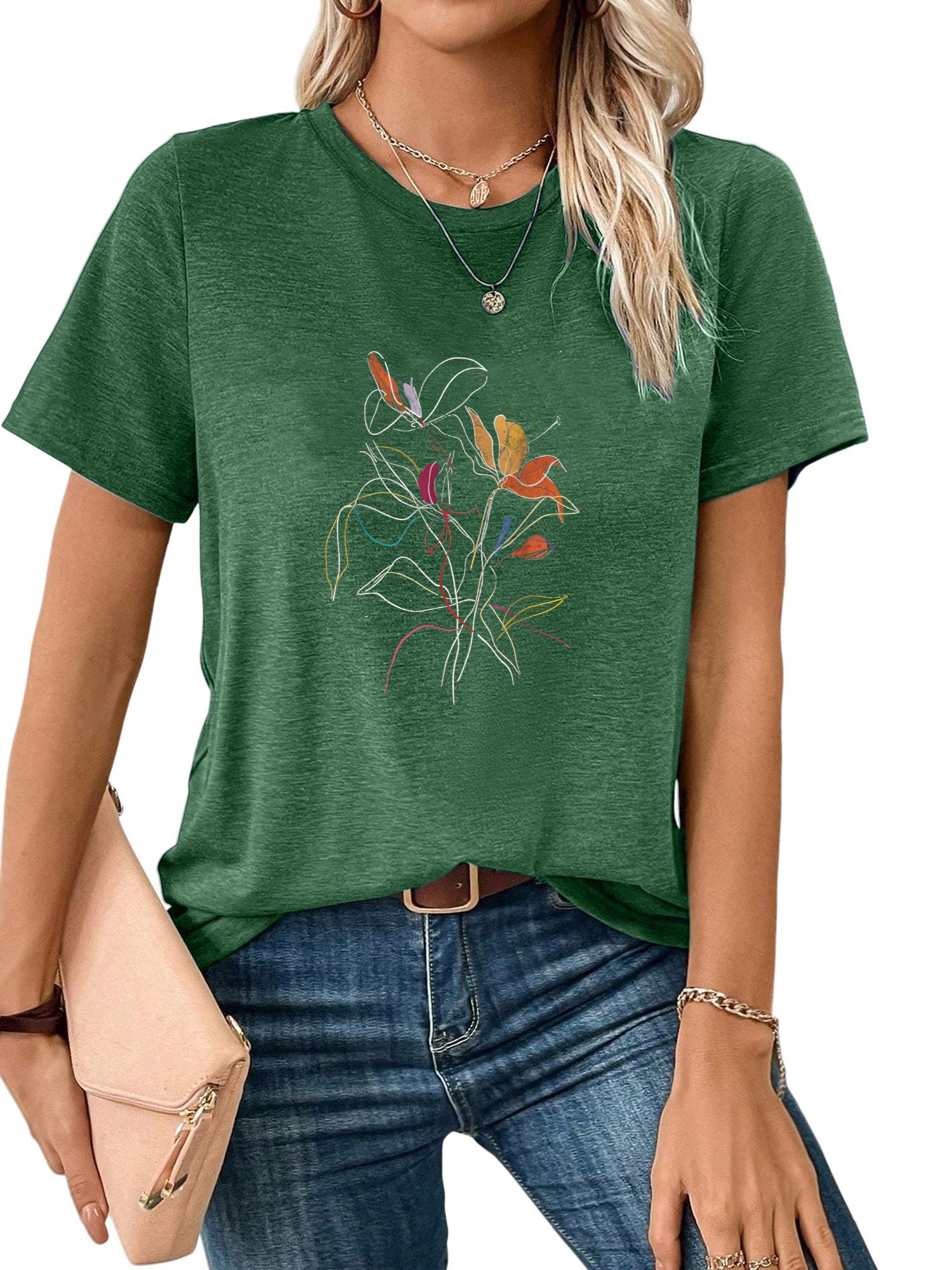 Rundhalsshirt Damen Frühling Casual bequemes t shirt mit Blumen Print-Shirt