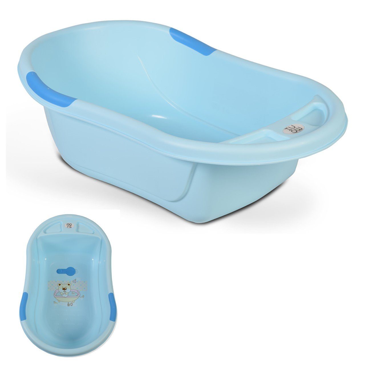 Moni Babybadewanne Babybadewanne für alt mit platzsparend blau Lilly, Zubehör Wasserablauf, Ablagefächer
