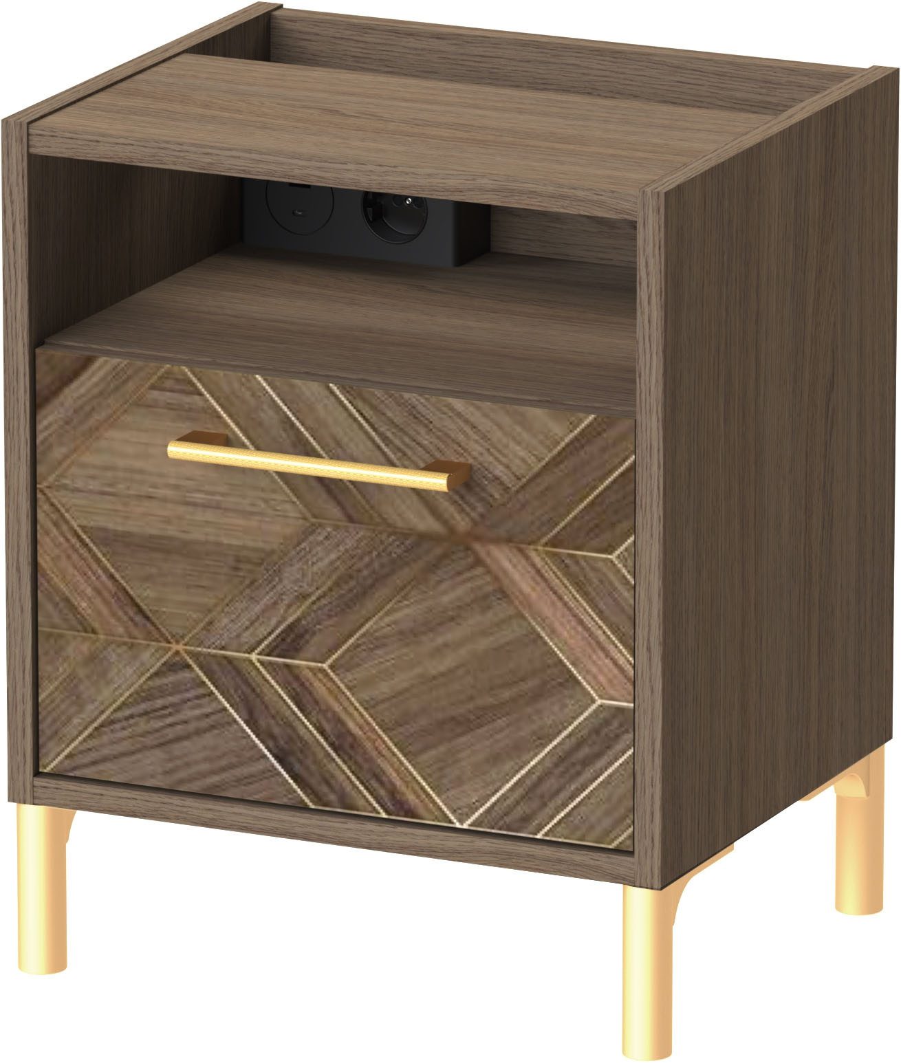 Schildmeyer Nachtschrank Glenn, mit smarter Ladestation & Steckdose, Made in Germany (1-St) Nussbaum Art-Déco Design mit eleganten Goldakzenten, Made in Germany