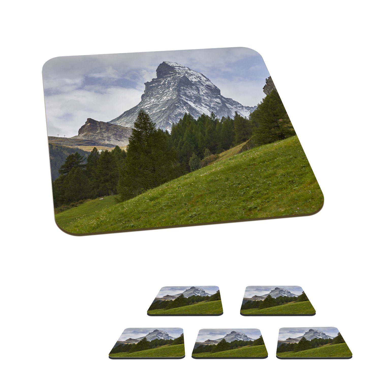 MuchoWow Glasuntersetzer Das Schweizer Matterhorn hinter einem Tannenwald, Zubehör für Gläser, 6-tlg., Glasuntersetzer, Tischuntersetzer, Korkuntersetzer, Untersetzer, Tasse
