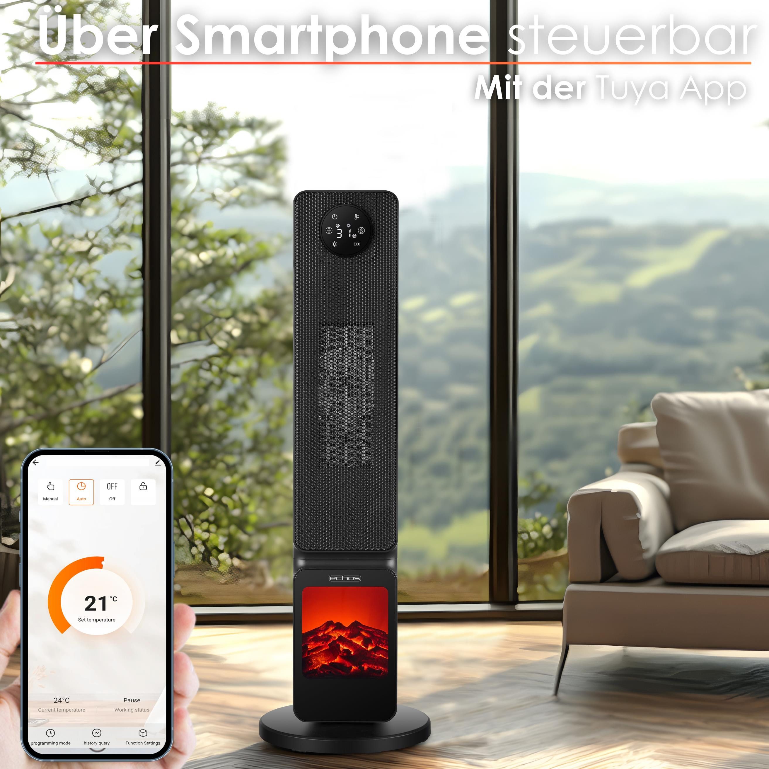 echos Keramikheizlüfter mit WiFi Eco-1202, 2000 W, Automatische Oszillation, Smart Life/Tuya App, Fernbedienung, Display
