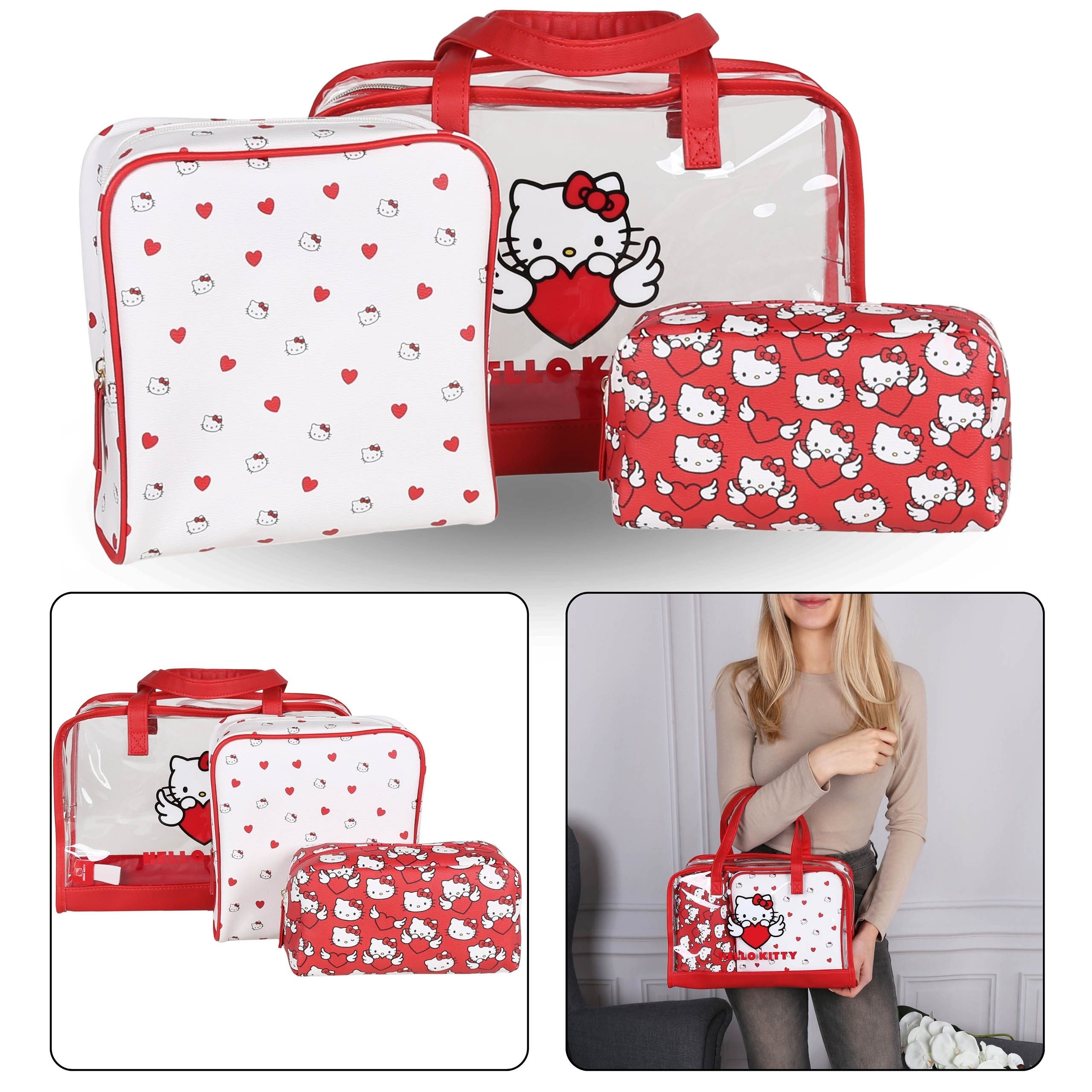 Sarcia.eu Kosmetiktasche Hello Kitty Rot-weißes Reiseschminktaschen Set mit Reißverschluss 3Stk