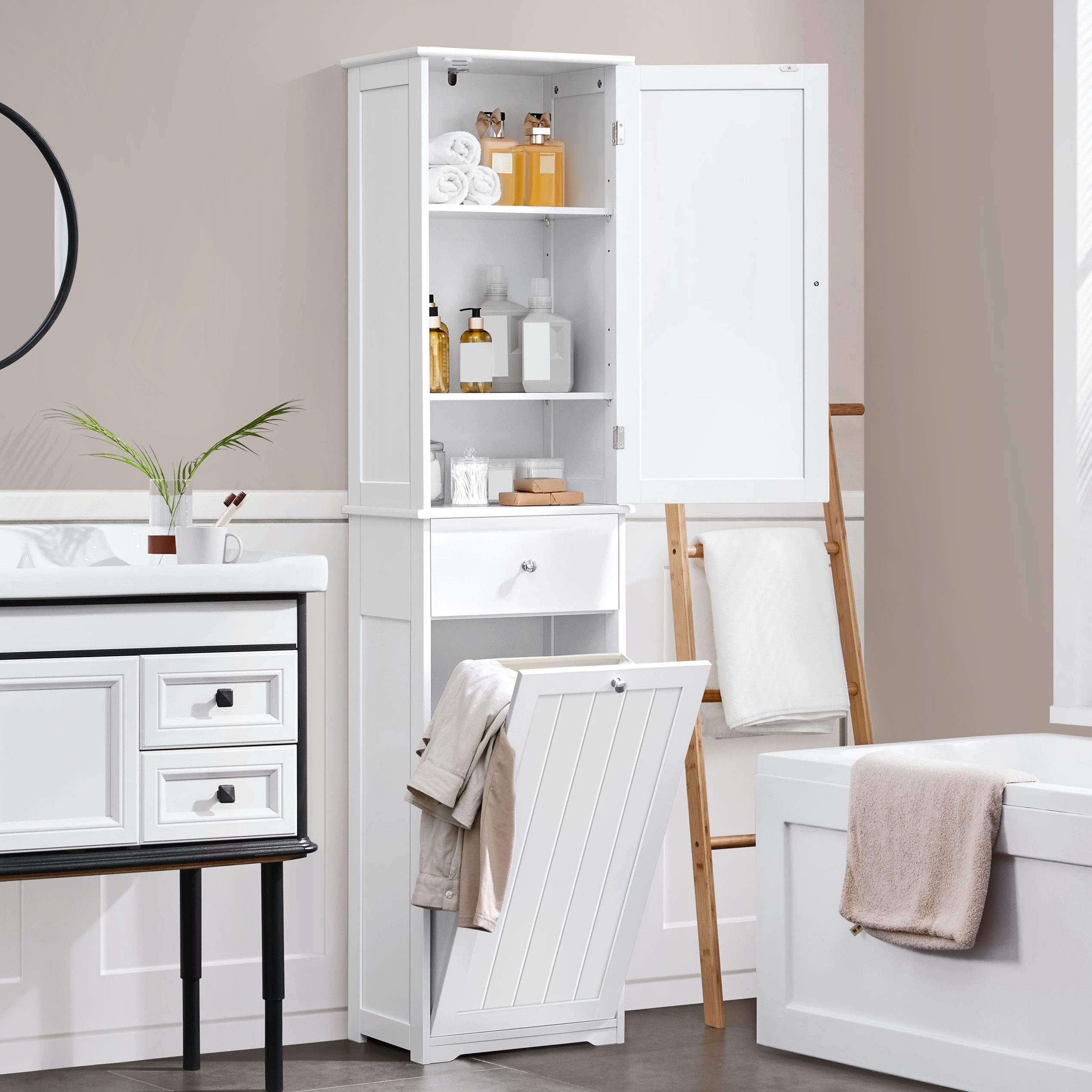 Yaheetech Hochschrank Badezimmerschrank mit Wäschekorb Schmaler Badschrank günstig online kaufen