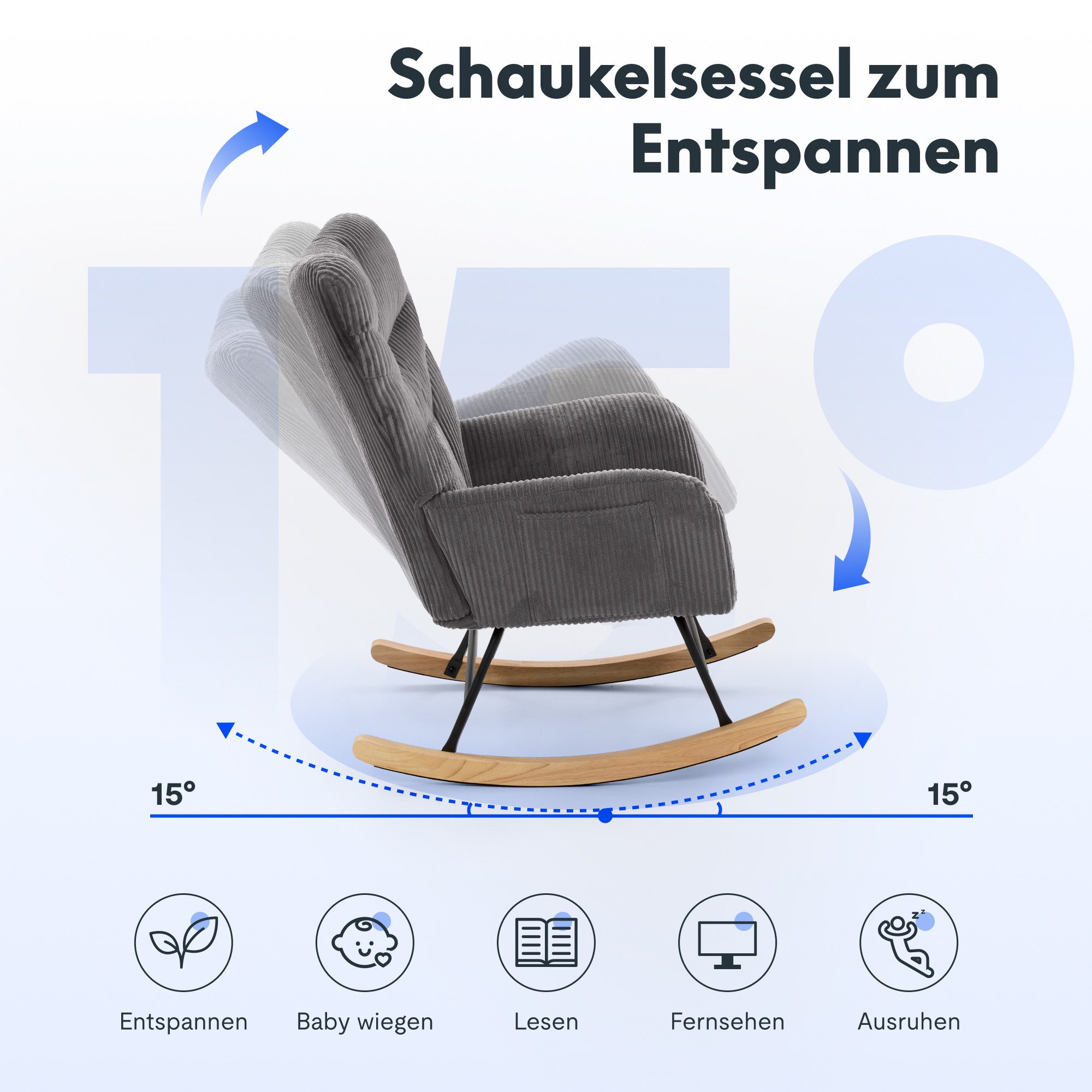 FLEXISPOT Schaukelstuhl mit Hoher Rückenlehne & Fußstütze, Relaxsessel, Schaukelsessel (Moderner Schwingsessel mit Holzkufen, mit Seitentasche), Gepolsterter Re – Bild 3 von 5