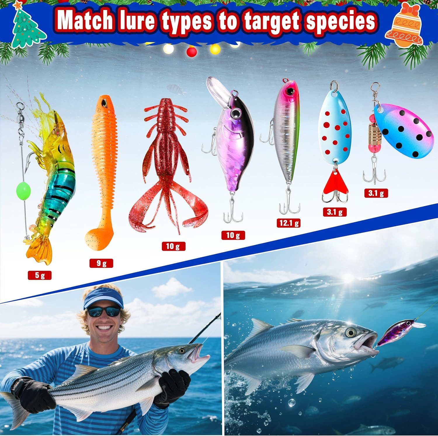 Sorvyzxn Adventskalender Angel Adventskalender 24 Tage, Fischköder Set Weihnachtskalender (24-tlg), Weihnachtsgeschenk für Angler, Überraschung für Männer & Jugendliche