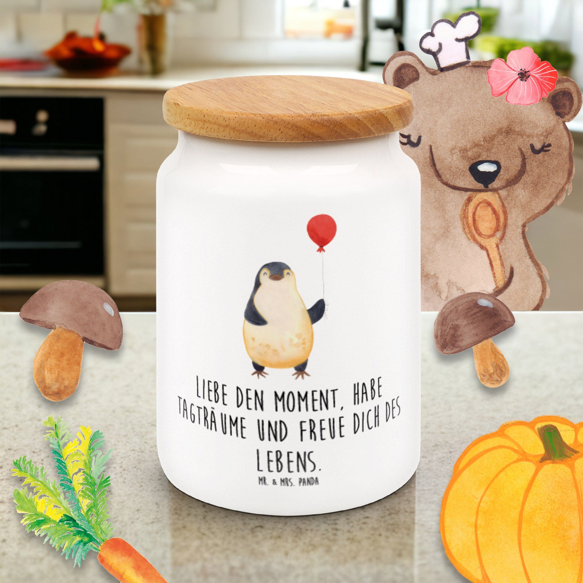 Mr. Mrs. - & Vorratsdose Luftballon neues Kind, Geschenk, Panda Leben, - Pinguin Keramik, Weiß (1-tlg) Keramikdose,