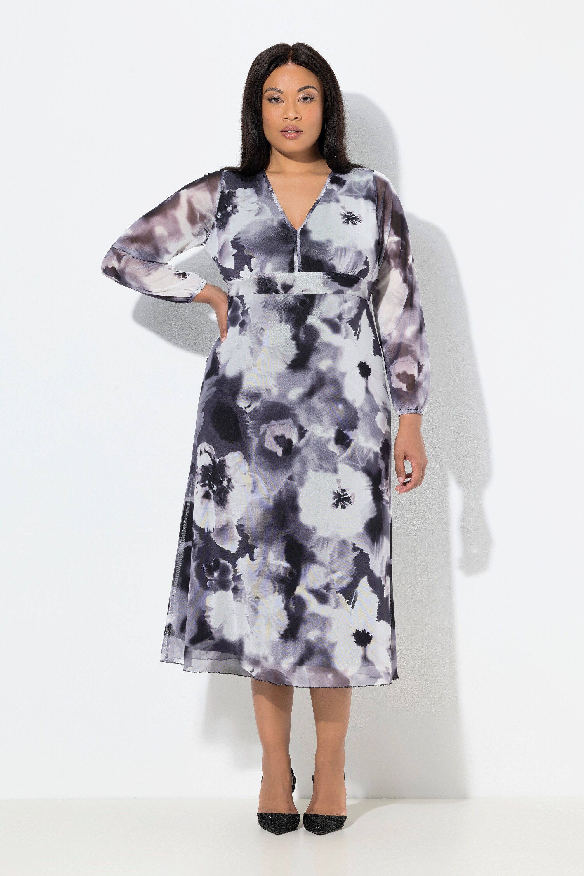 Midikleid Mesh-Maxikleid Blüten A-Linie V-Ausschnitt Langarm