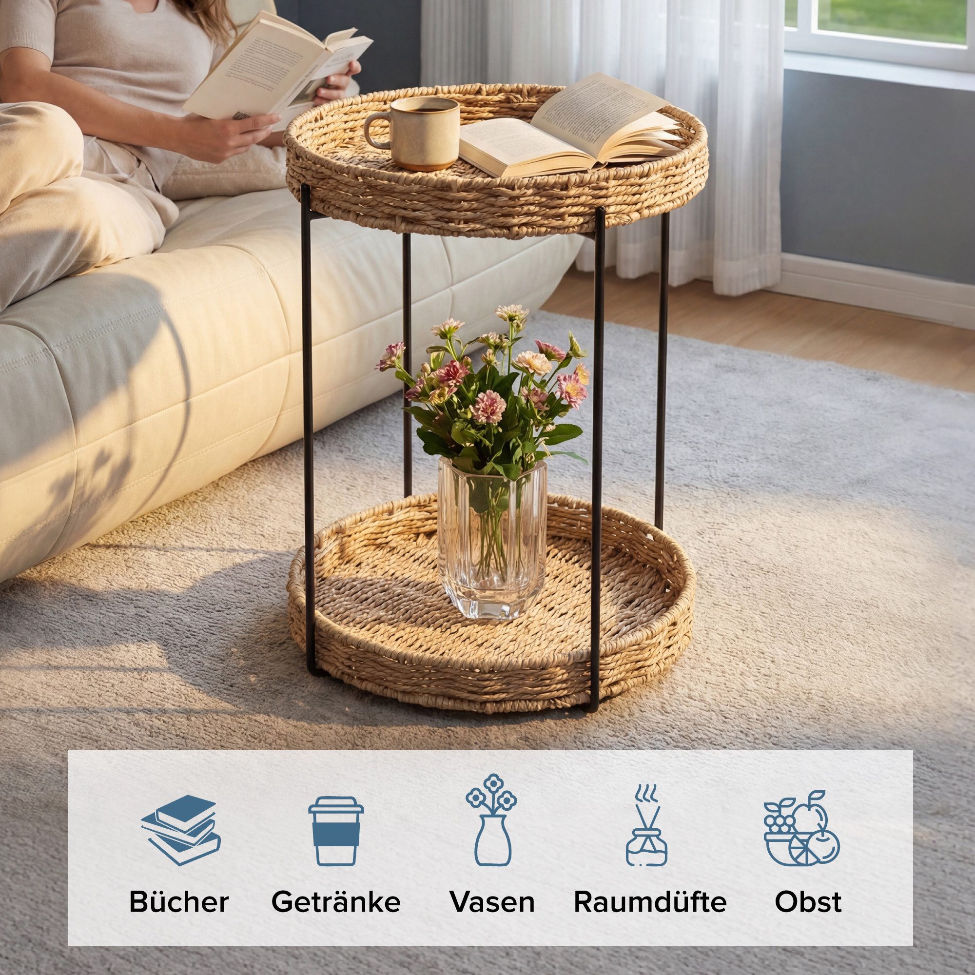 doporro Beistelltisch Couchtisch kleiner Tisch mit 1/2 geflochtenen Ablagen rund Reglo-08, Zwei Materialien zur Auswahl – Bild 4 von 5