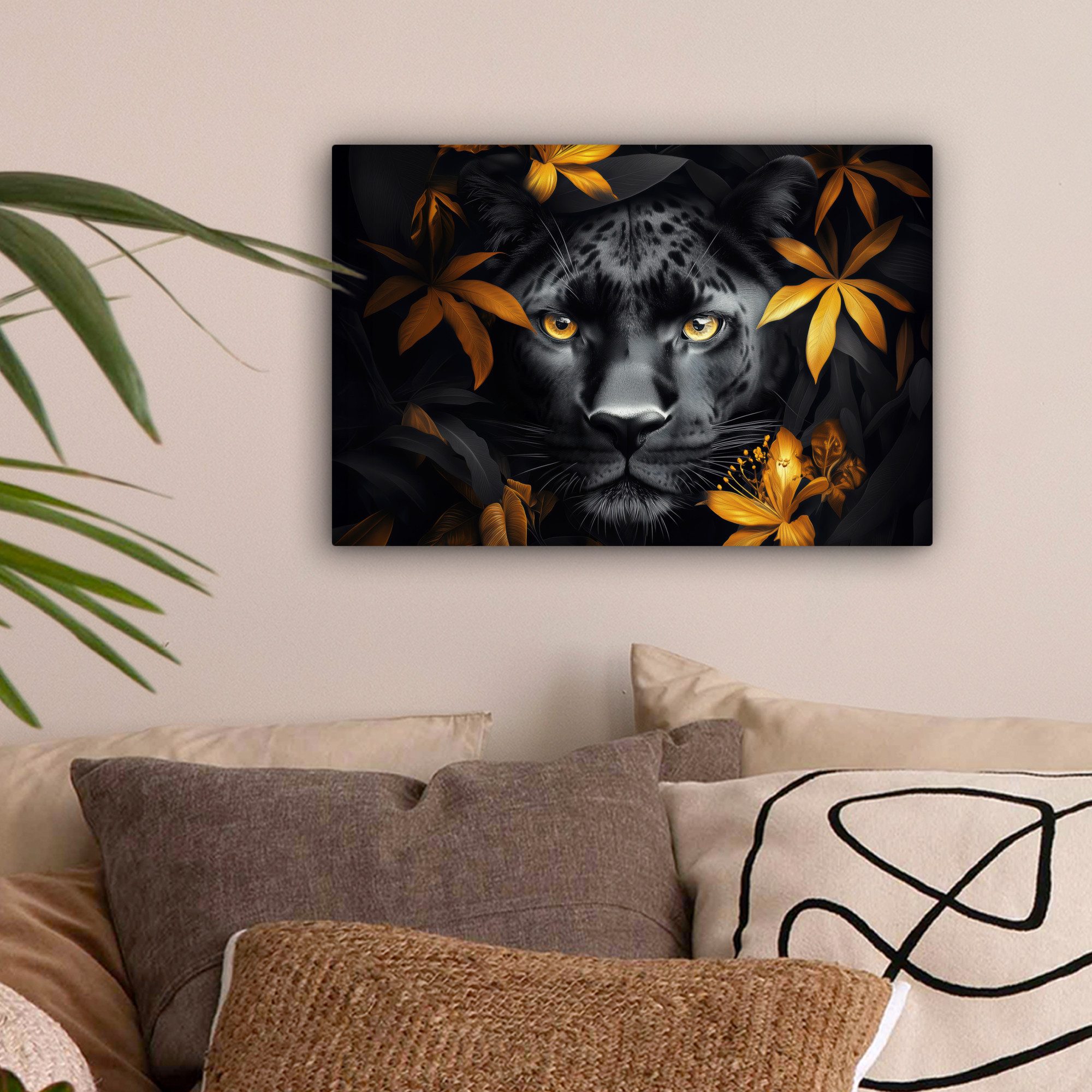 OneMillionCanvasses® Leinwandbild Schwarzer Panther - Blumen - Gold - Natur günstig online kaufen