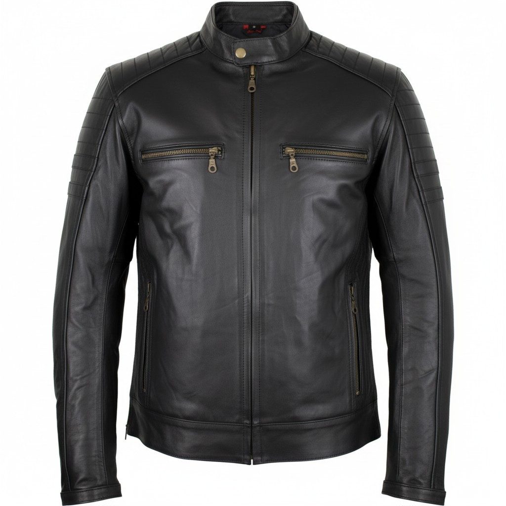 MDM Motorradjacke Herren Motorrad Lederjacke aus echtem Rindsleder mit Protektoren mit Stehkragen, Echtleder Motorradjacke mit Protektoren