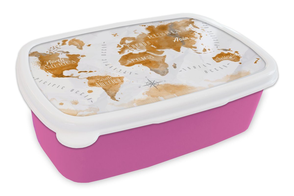 MuchoWow Lunchbox Karte - Gold - Welt, Kunststoff, (2-tlg), Brotbox für Erwachsene, Brotdose Kinder, Snackbox, Mädchen, Kunststoff rosa