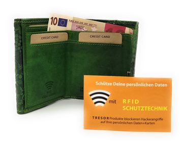 Hill Burry Mini Geldbörse echt Leder Damen Portemonnaie mit RFID Schutz, florale Prägung, kleiner Wickel-Geldbeutel, grün