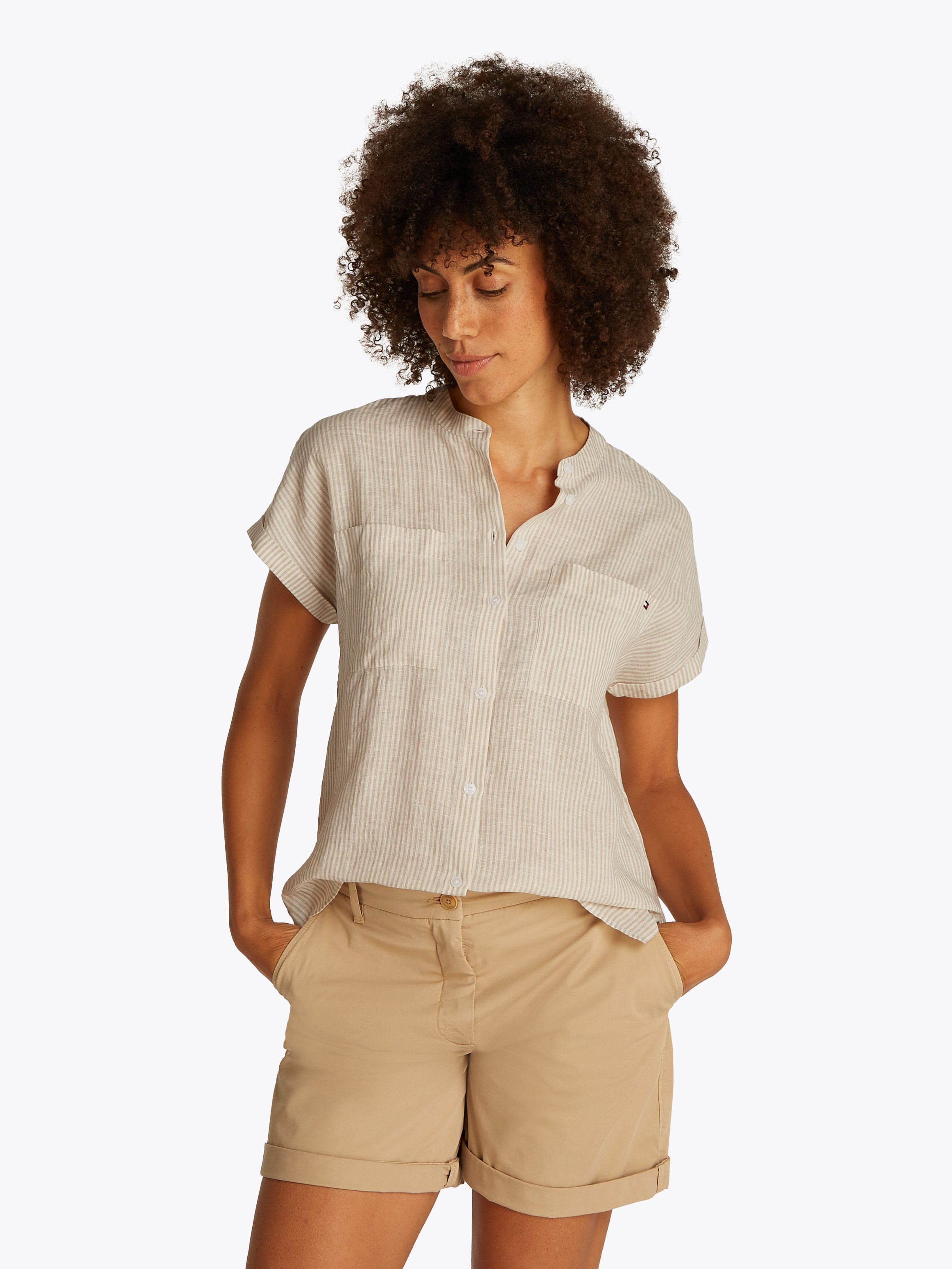 Kurzarmbluse ESS LINEN COLLARLESS S/S BLOUSE