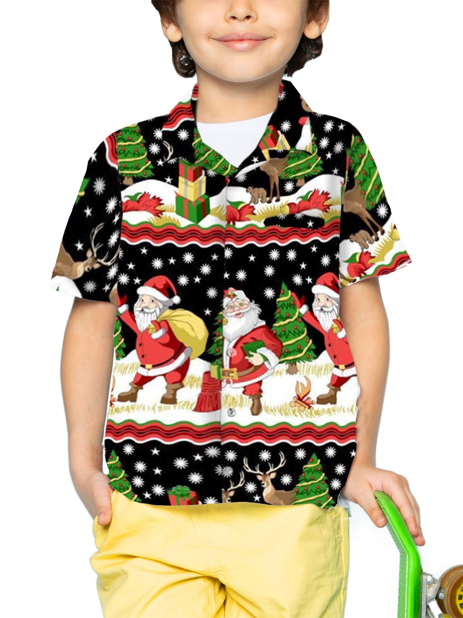 King Kameha Hawaiihemd Christmas Border Print Kids Hawaii-Hemd Kinder Kurzarm Front-Tasche