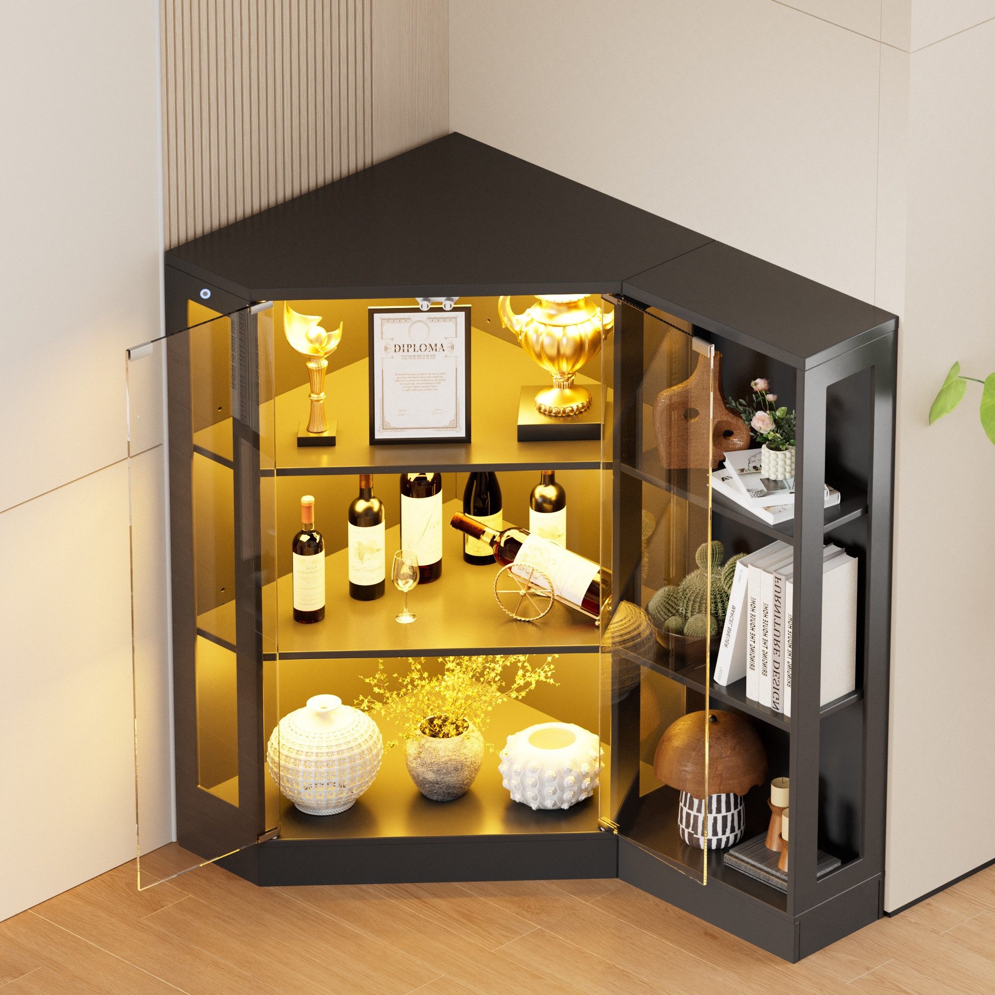TWSOUL Eckvitrine Glasvitrine verstellbaren Böden LED & gehärtetem Glas Offene Regale 100cm Eckglasanzeigeschrank Hochschrank Bücherregal Spielzeug, Bücher