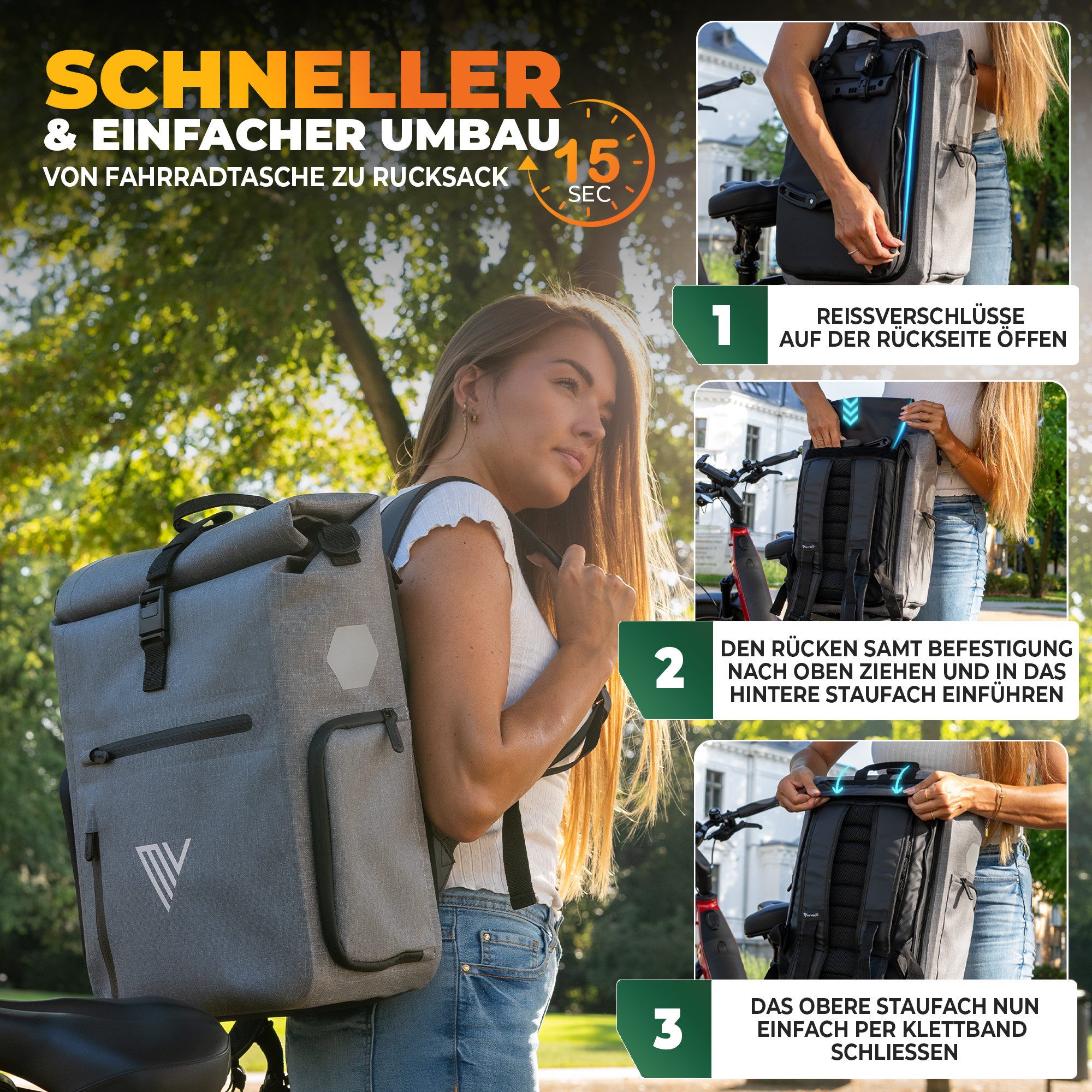MIVELO Fahrradtasche 3in1 Gepäckträgertasche mit Rucksackfunktion Schultergurt wasserdicht, geräumiges Hauptfach, Außentaschen, Laptopfach