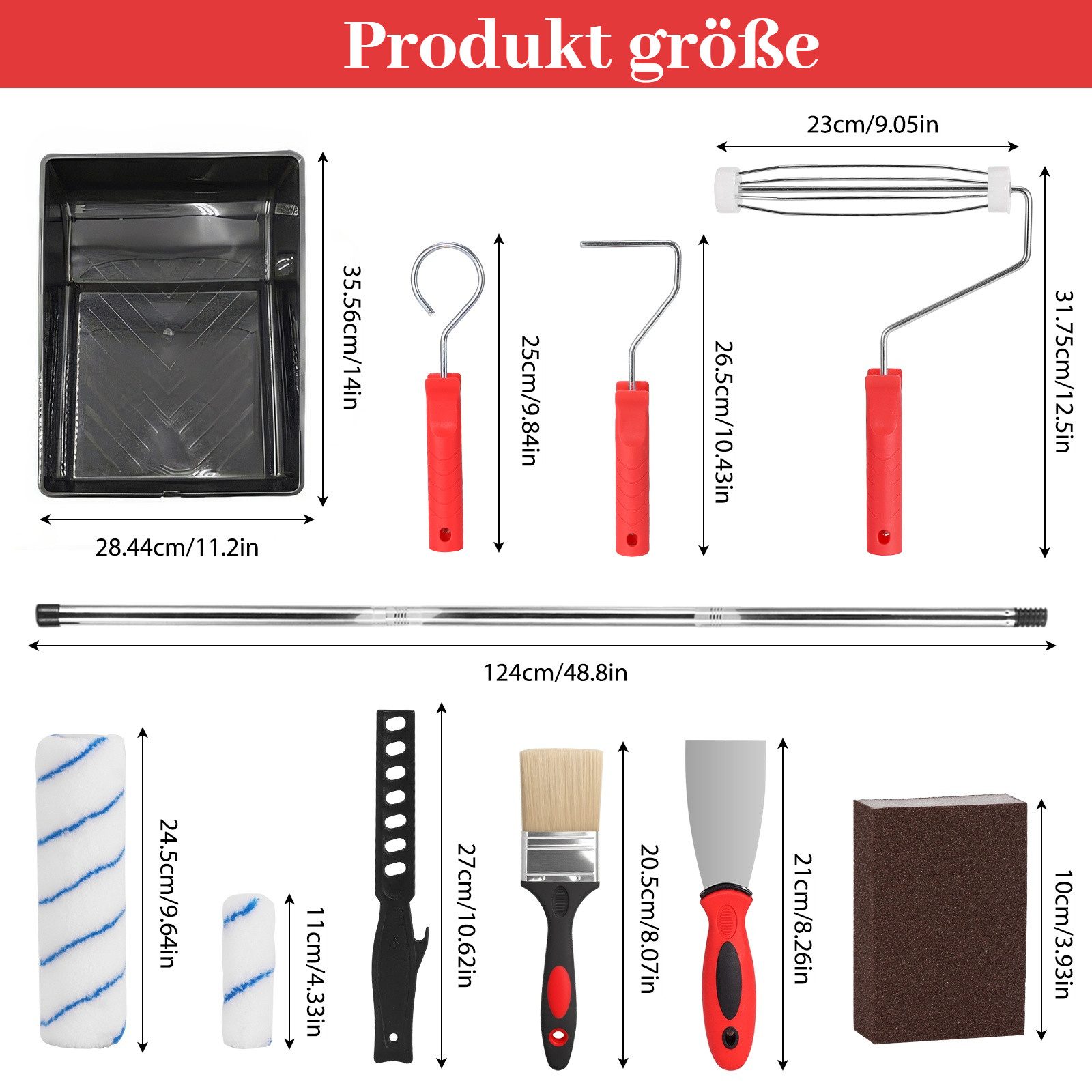 BlingBin Farbroller 19-teiliges Farbroller-Set mit 124 cm Teleskopstange, Rollen, Pinsel (19er Set, 19-St., 19-teiliges Farbroller-Set), und Schaber für Wände, Decken, Türen