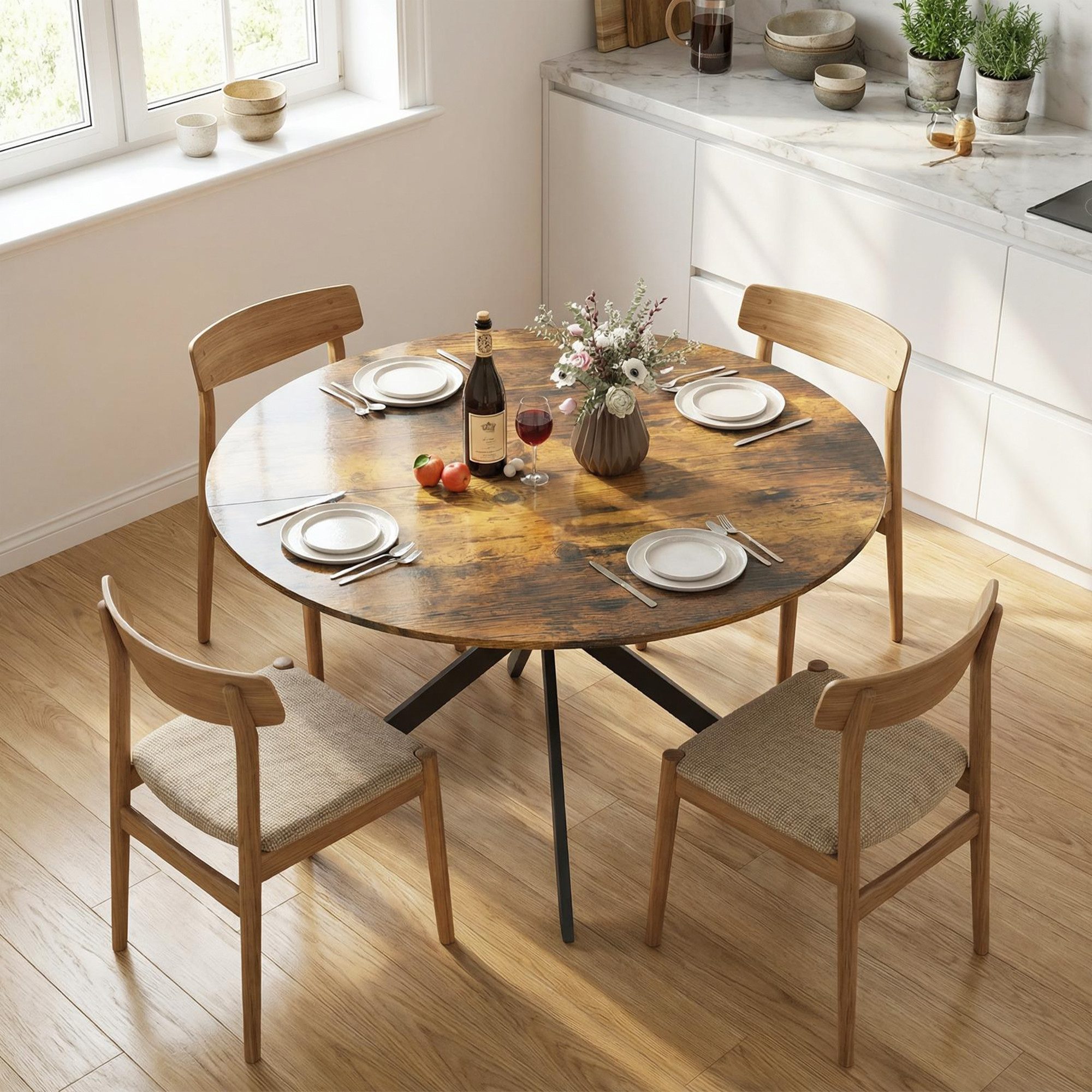 HOMCOM Esstisch Küchentisch im Industriestil mit Stahlbeinen für 4 Personen (für Esszimmer, Küche, Wohnzimmer, 1-St., rund, 120 x 120 x 75 cm), Rustikal-Braun