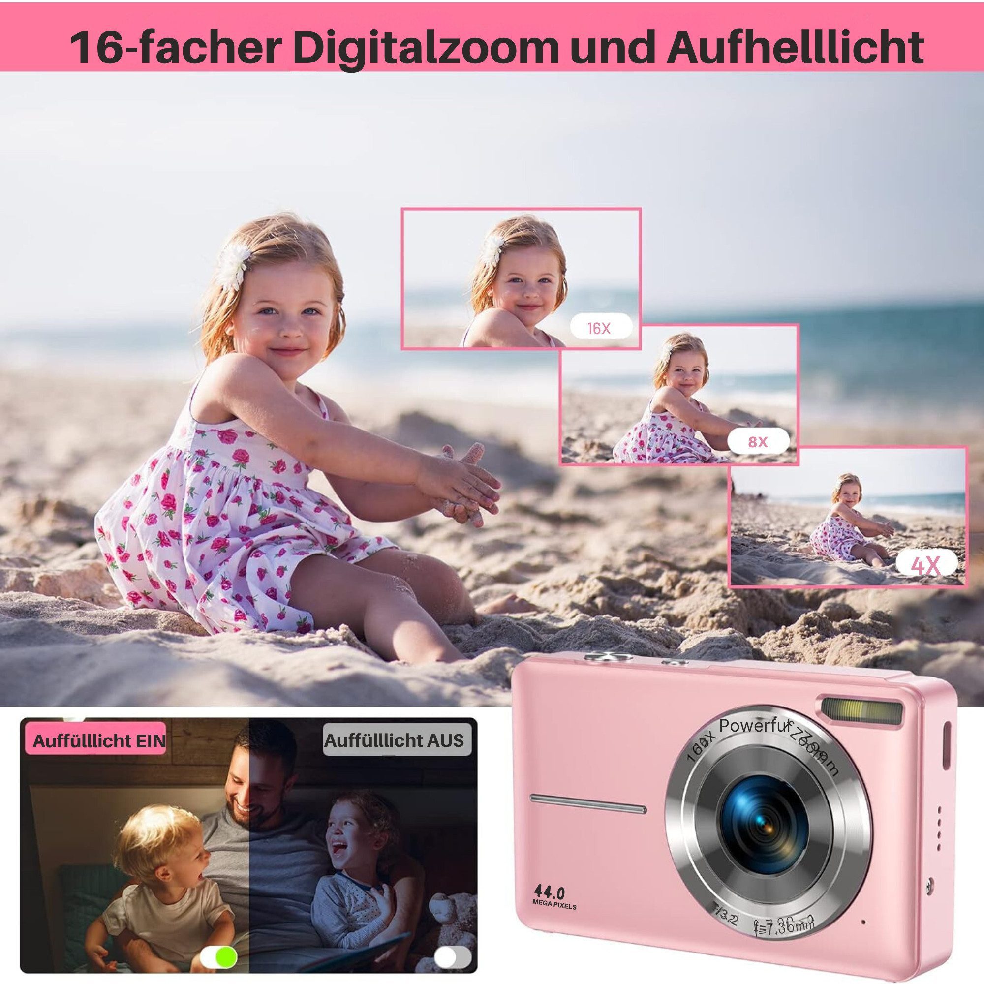 Vivitar Digitalkamera mit 32G Micro SD Karte, 1080P Kinderkamera 44MP HD Kinderkamera (inkl. 44MP HD mit 2,4“ LCD-Bildschirm 16X Digitalzoom und 2 Batterien, Beste Wahl für Anfänger, einfach zu bedienen und unterhaltsam)