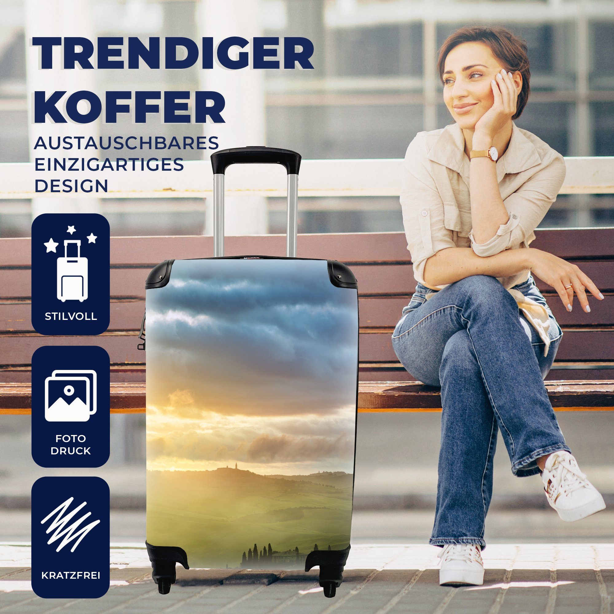 MuchoWow Handgepäckkoffer Ferien, - Berg Trolley, Sonne Handgepäck 4 rollen, für Rollen, Nebel mit Reisetasche Toskana, - Reisekoffer 