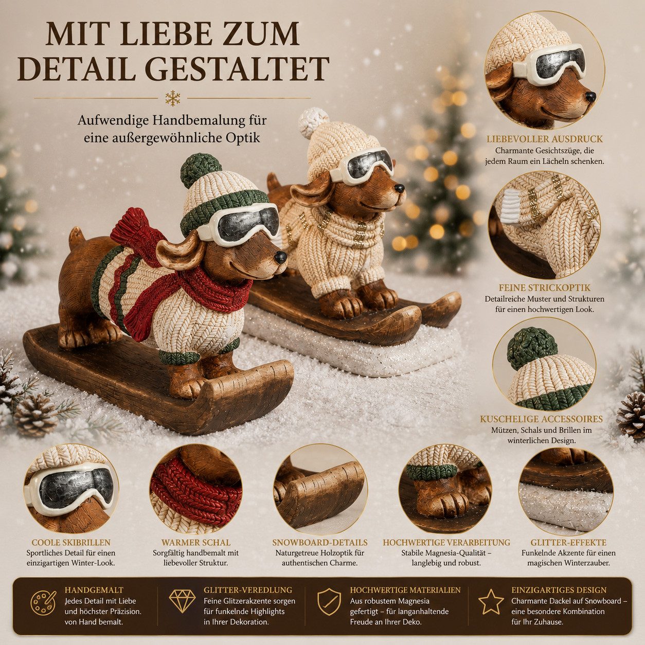 formano Dekofigur 2er Set Dackel auf Snowboard 50 cm Deko Winterdeko Weihnachtsdeko
