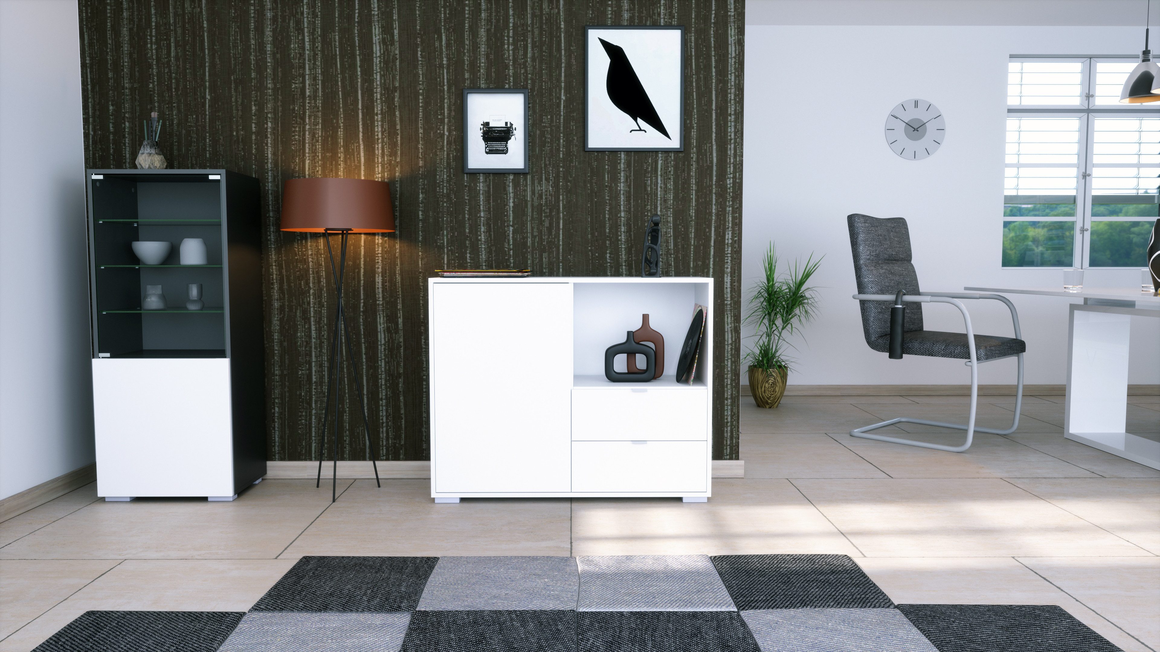 Vladon Kommode Milano (Kommode mit 1 Tür Weiß matt, 2 Schubladen Weiß matt, Made in Germany), Korpus Weiß matt (103 x 83 x 37 cm)