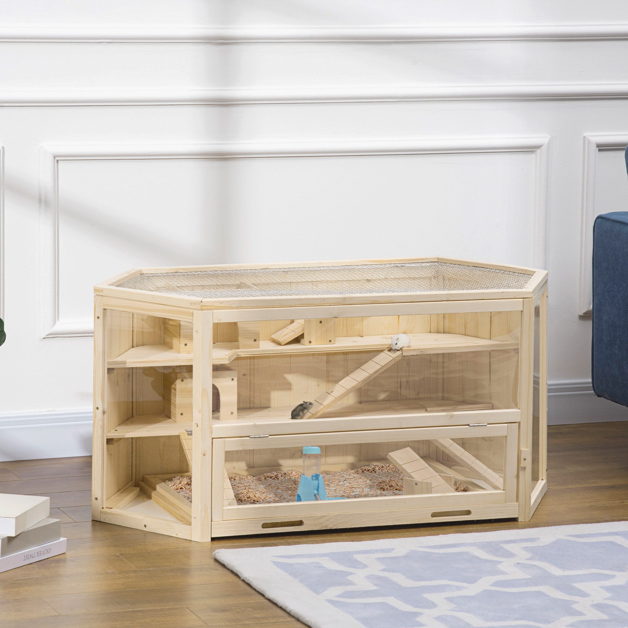 PawHut Kleintierkäfig Hamsterkäfig aus Holz 3 Etagen Nagarium, Tannenholz PS Natur 115 x 60 x 55 cm