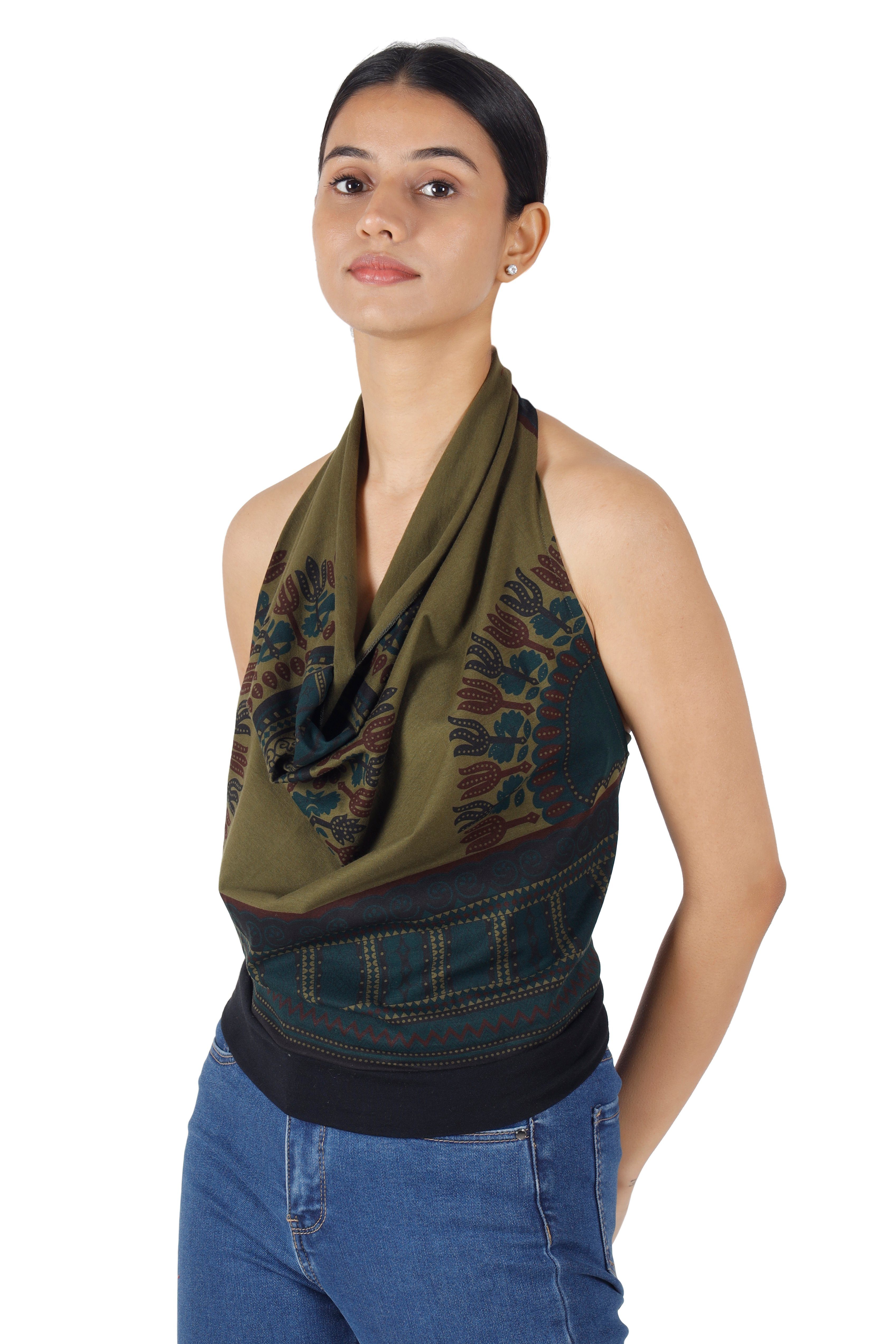 Guru-Shop T-Shirt Goa Top, Dashiki Psytrance Neckholder Top - olive Hippie, Ethno Style, Psychedelic, alternative Bekleidung, Festival