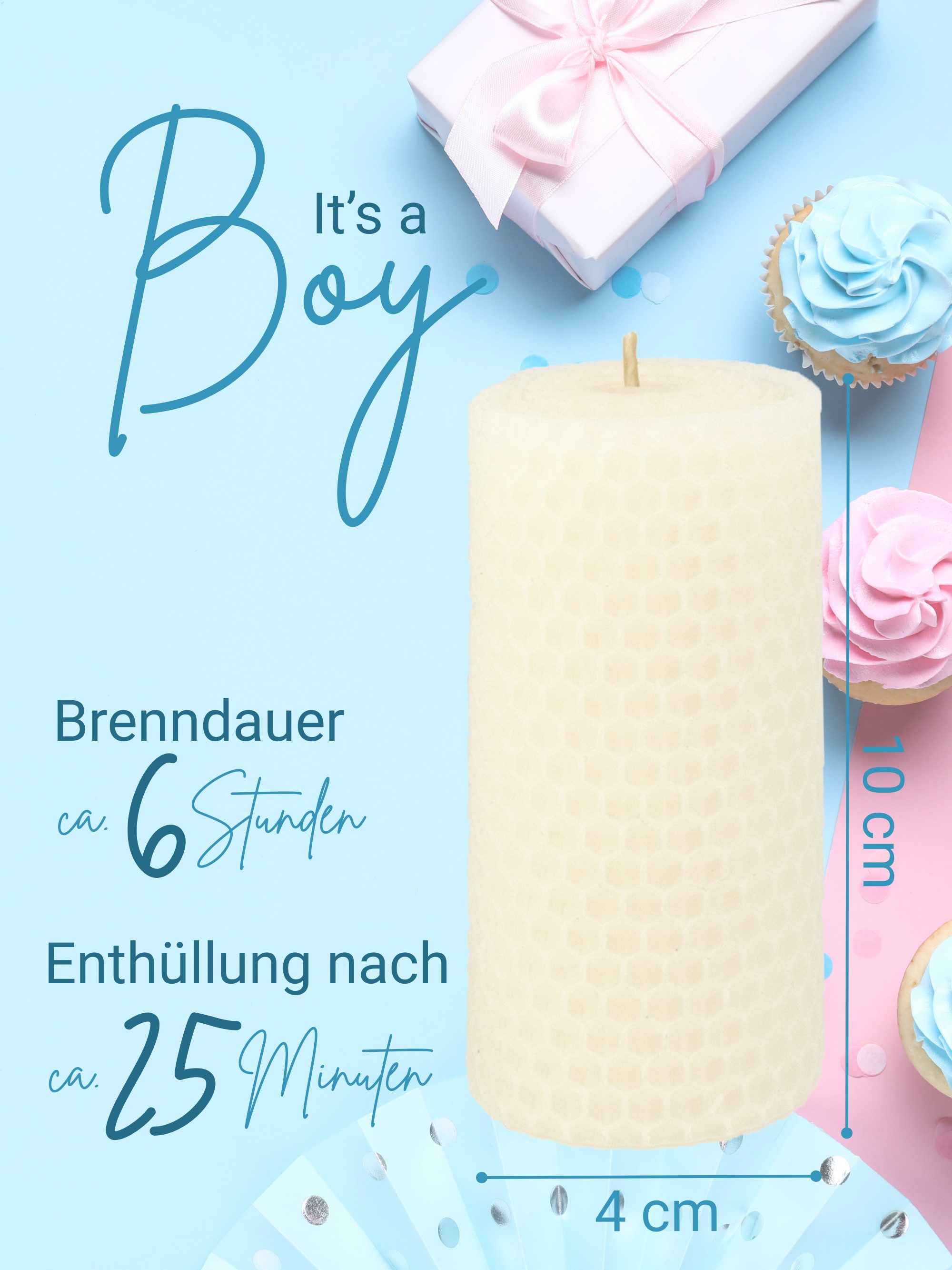 Wachsmann Bienenprodukte Geburtstagskerze Gender Reveal Boy or Girl, handgerollt aus 100% reinem Bienenwachs aus Deutschland