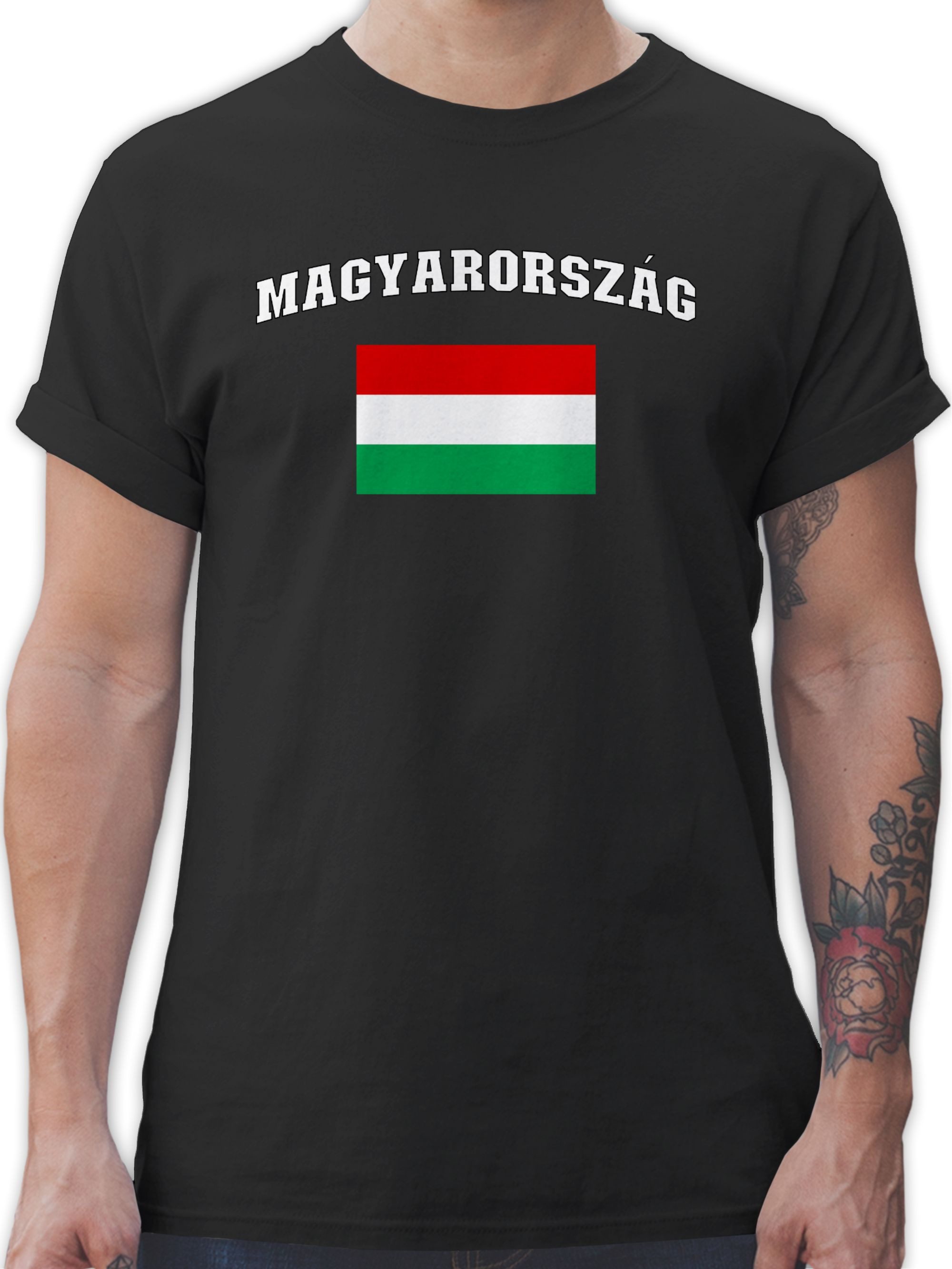T-Shirt Ungarn Schriftzug mit Flagge, Magyarország, Hungary