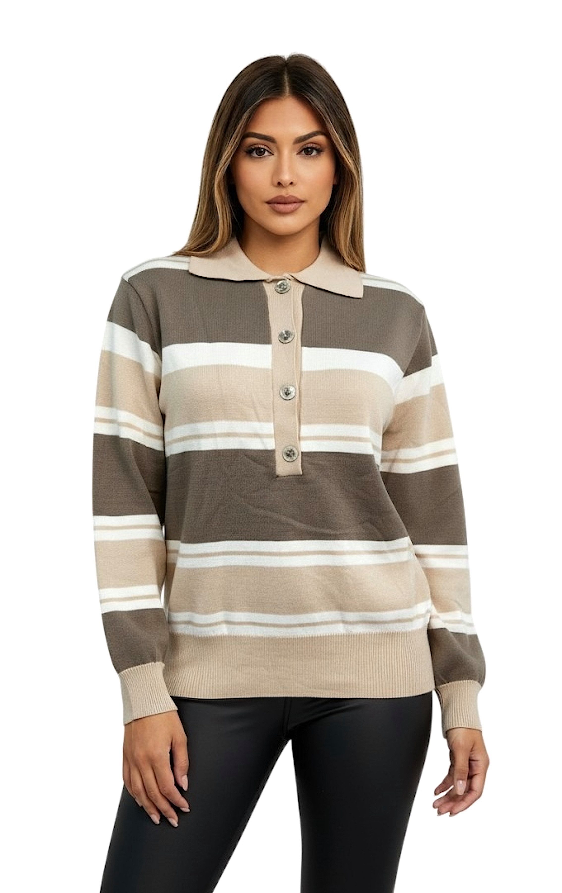 Worldclassca Strickpullover WORLDCLASSCA Damen Strickpulllover Gestreifter Henley Sweater Casual Neue Kollektion - Stilvolle und gemütliche Strickmode für Damen