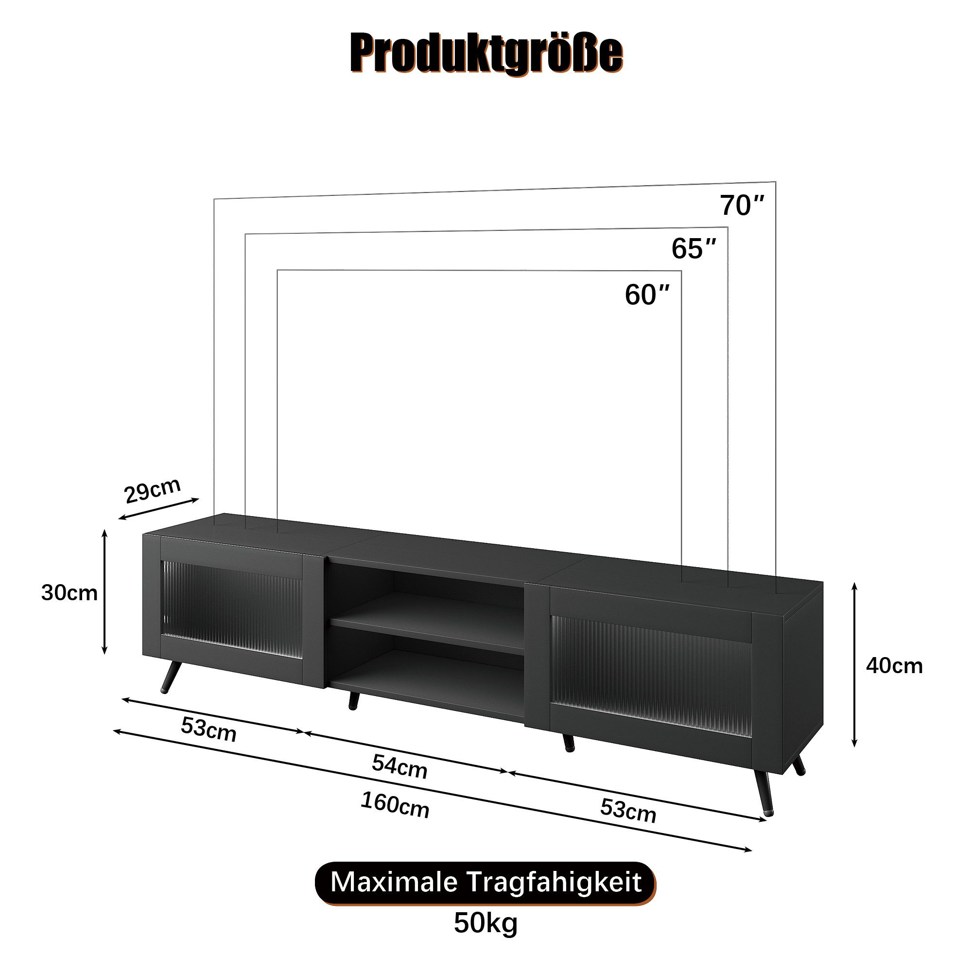 radelldar Lowboard mit LED-Beleuchtung und 2 Acryltüren, 160 x 29 x 40cm (1 St), TV-Schrank für Fernseher bis 70 Zoll