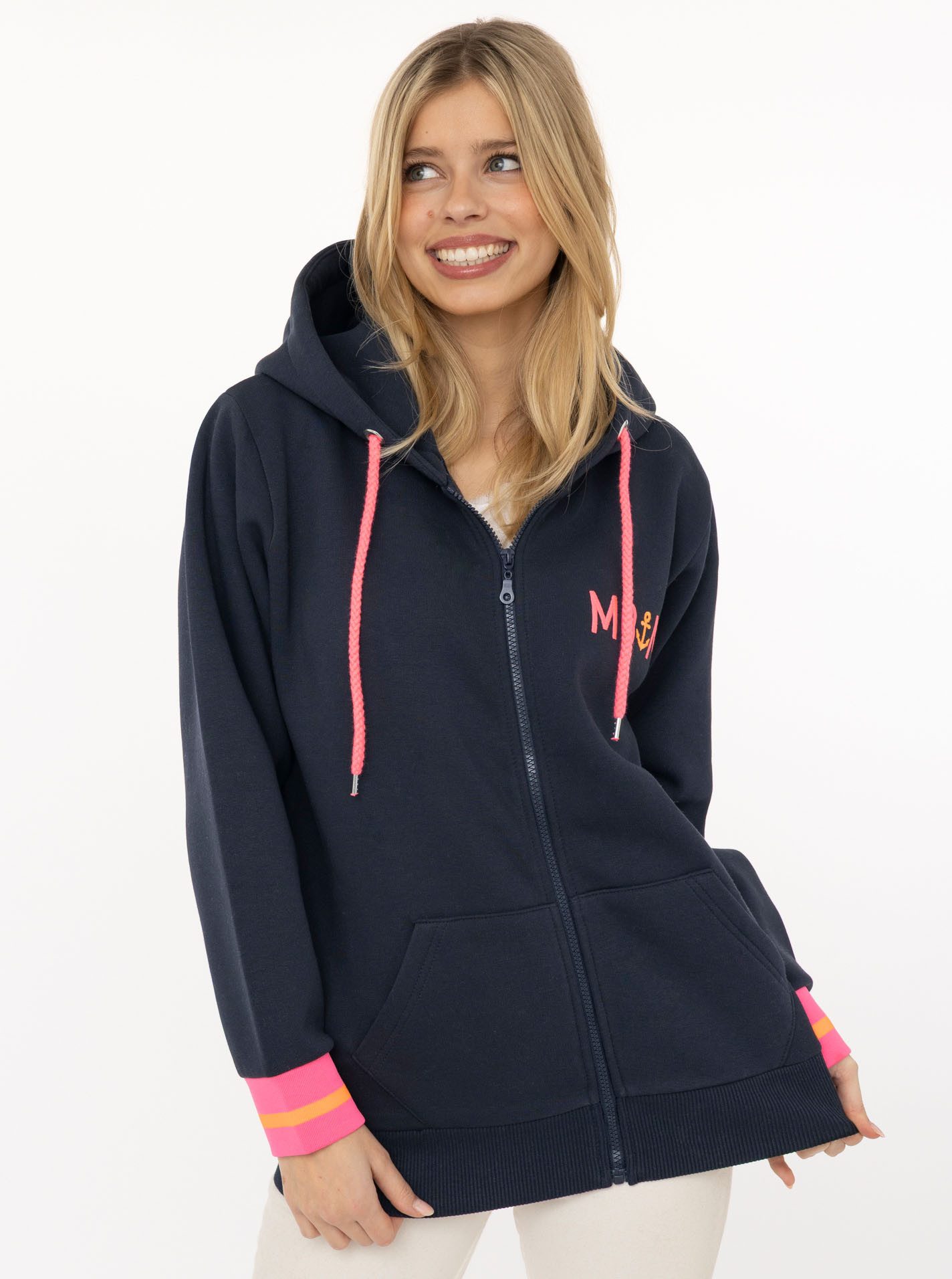 Zwillingsherz Kapuzensweatjacke Regular Fit, Stickerei, Reißverschluss, Langarm, Kontast-Details