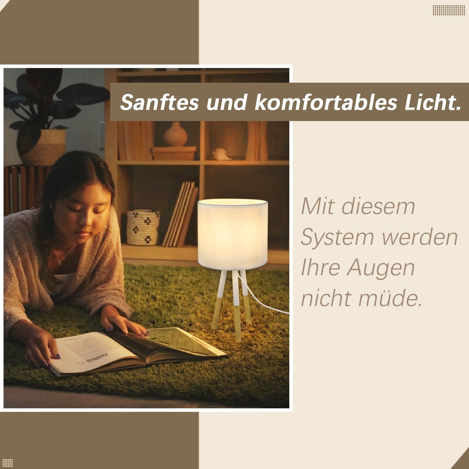 ZMH LED Holz - Tischlampe Nachttischlampe ‎Nachttischlampe Tischleuchte Schlafzimmer integriert, E27, LED fest Tischleuchte