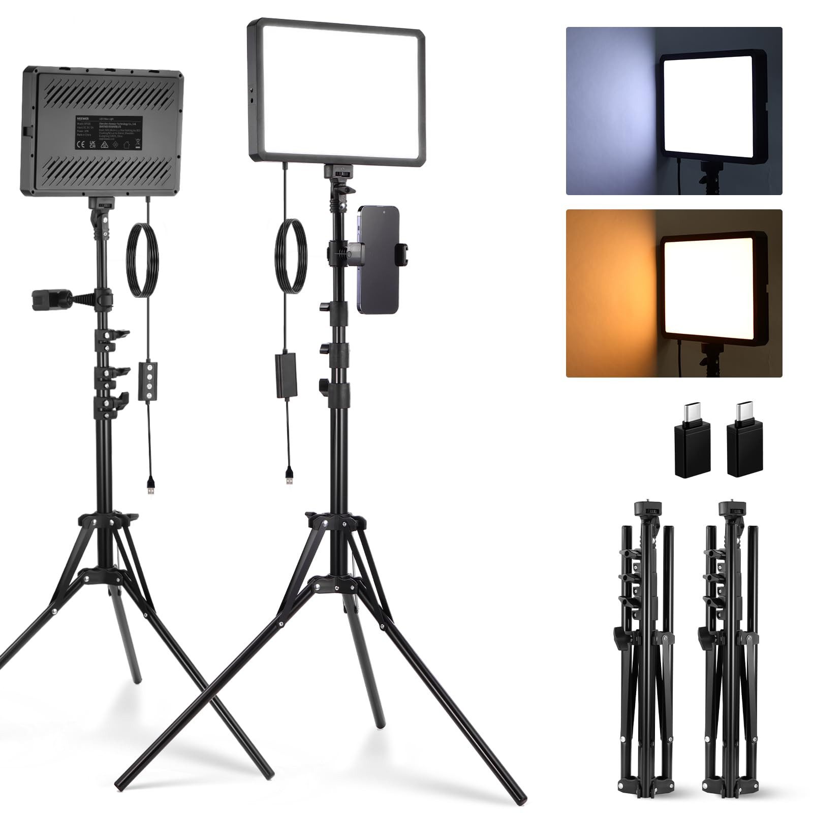 Neewer Videoleuchte BP300 2x LED-Videoleuchten Set inkl. Stative. Bi-Color & dimmbar, Zweifarbig/einstellbar