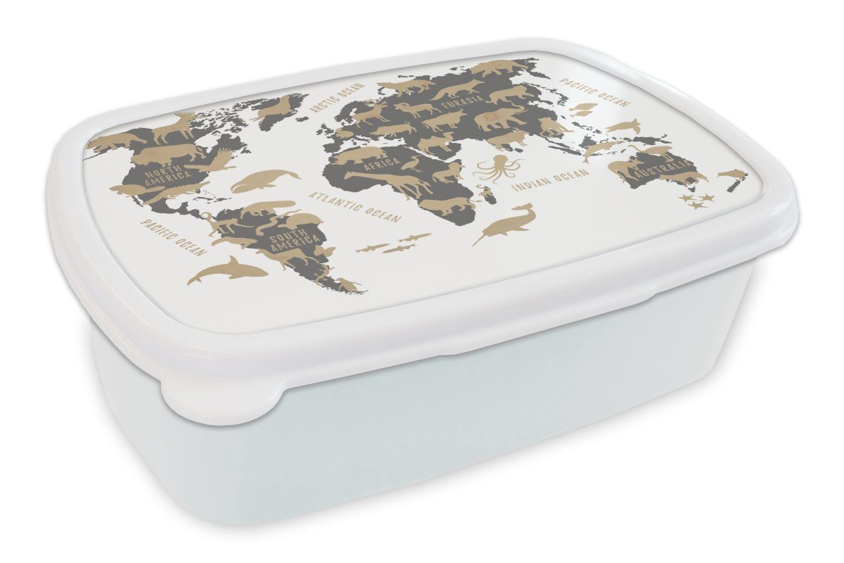 MuchoWow Lunchbox Weltkarte - Grau - Tiere, Kunststoff, (2-tlg), Brotbox für Kinder und Erwachsene, Brotdose, für Jungs und Mädchen weiß