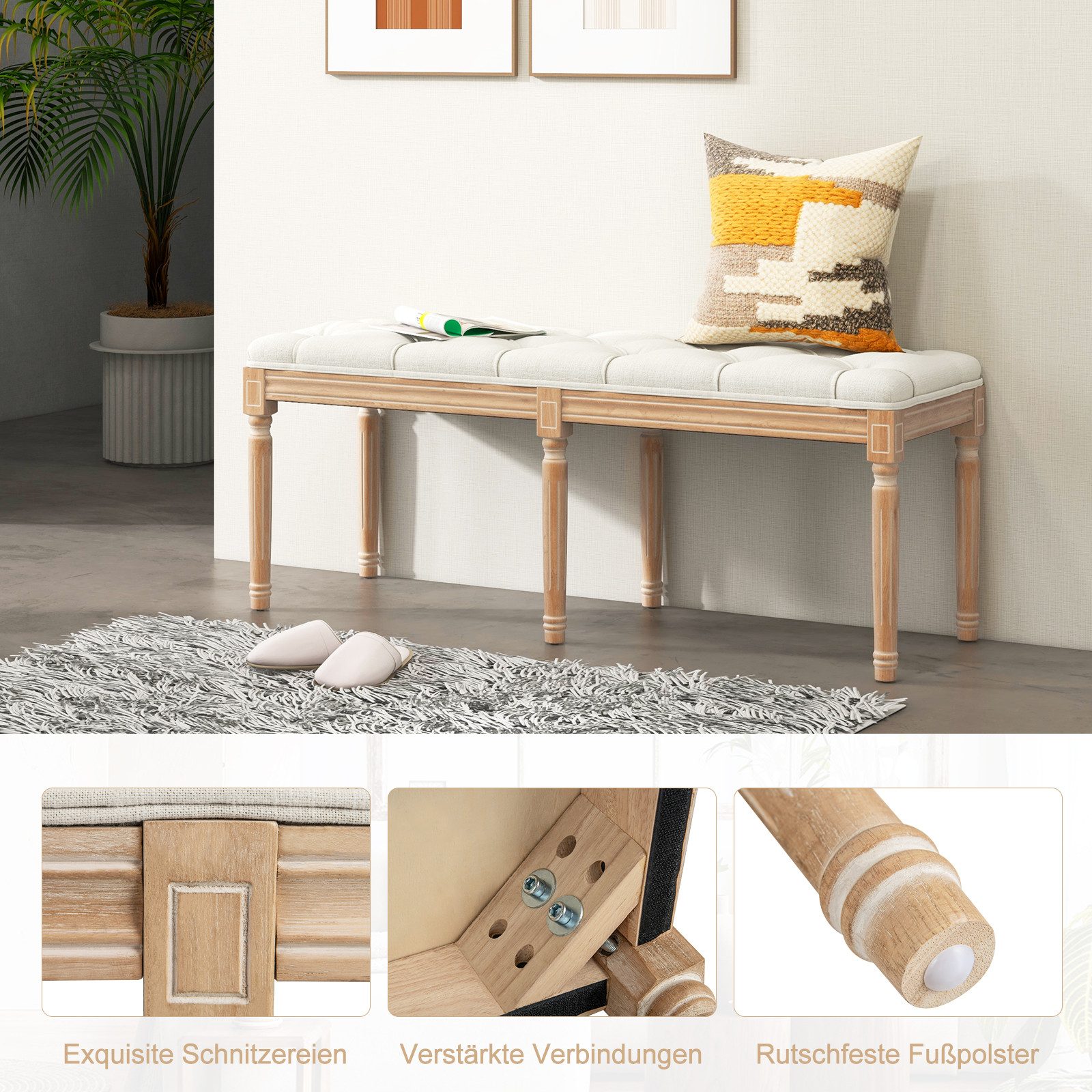 COSTWAY Polsterbank, Sitzbank gepolstert, 120cm mit Gummibaumholzbeinen