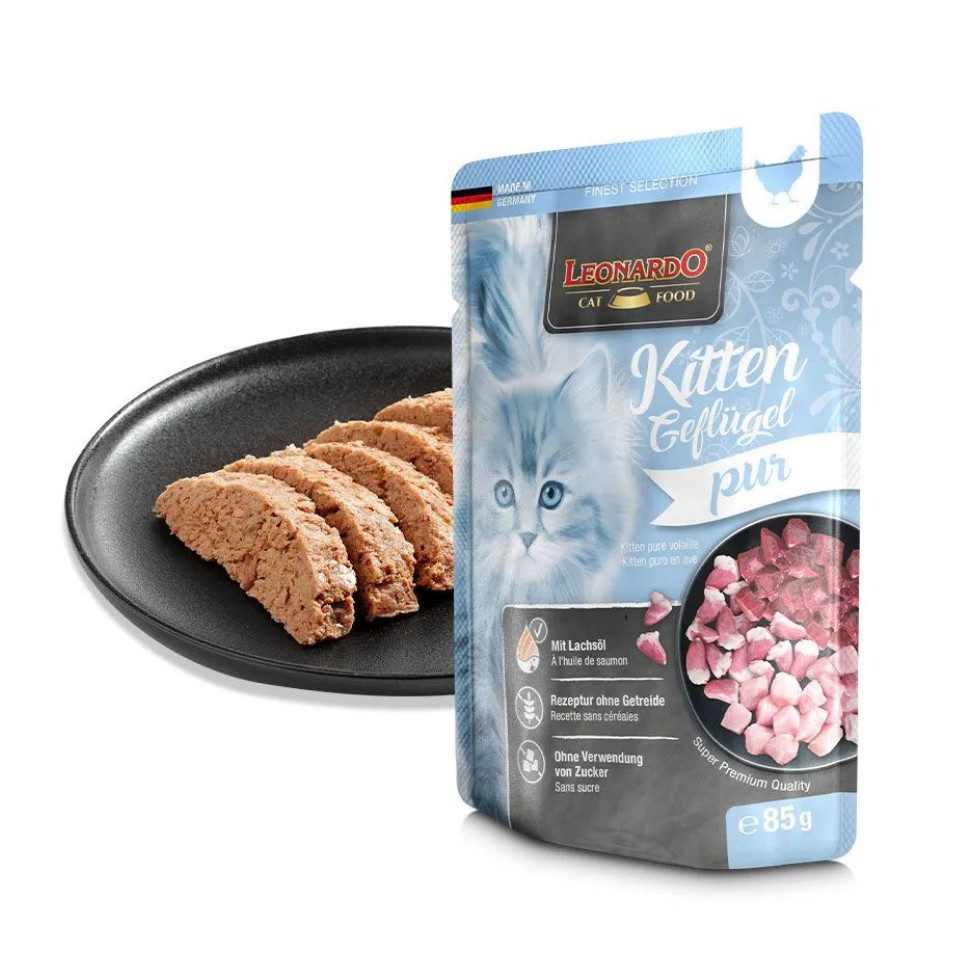 Leonardo Catfood Kitten Geflügel Pur - getreidefreies Nassfutter mit Lachsöl 16x85g, Nassfutter für: Katzen
