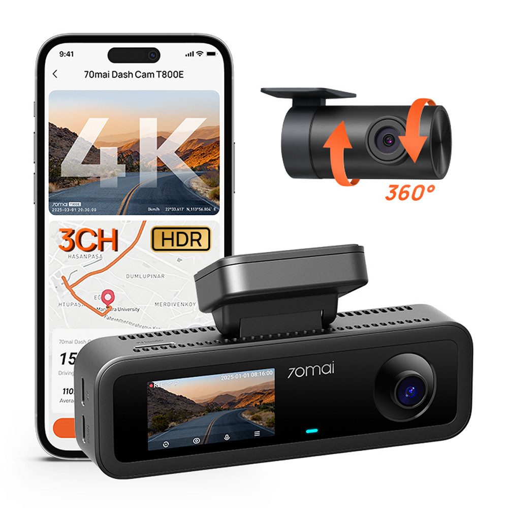 70mai T800E 3-Kanal Dashcam Auto, 4K Front + 1080P Rear + 1080P Innen Dashcam