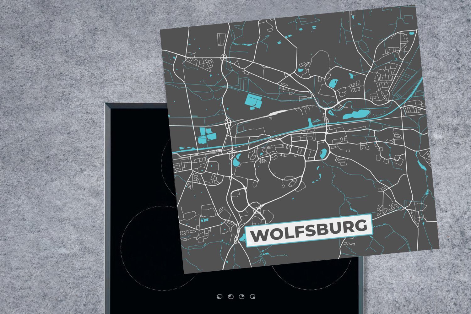 Vinyl, - Karte Deutschland Ceranfeldabdeckung, - Blau Stadtplan 78x78 Arbeitsplatte - - Herdblende-/Abdeckplatte küche (1 MuchoWow cm, tlg), Wolfsburg, für